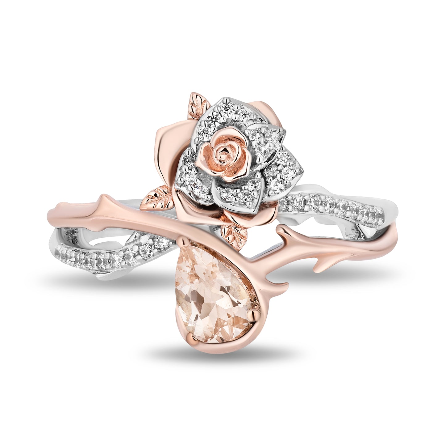 Enchanted Disney Fine Jewelry Sterling Silver and 10K Rose Gold with 1/6 CTTW Diamond and Morganite Aurora Rose Ring