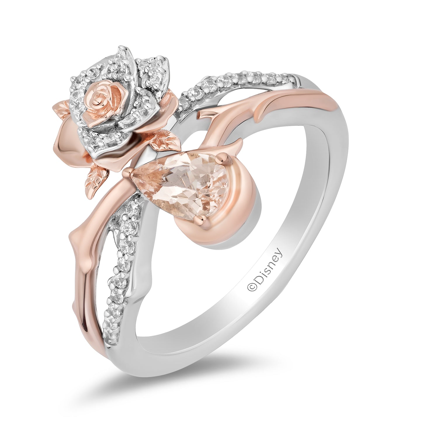 Enchanted Disney Fine Jewelry Sterling Silver and 10K Rose Gold with 1/6 CTTW Diamond and Morganite Aurora Rose Ring