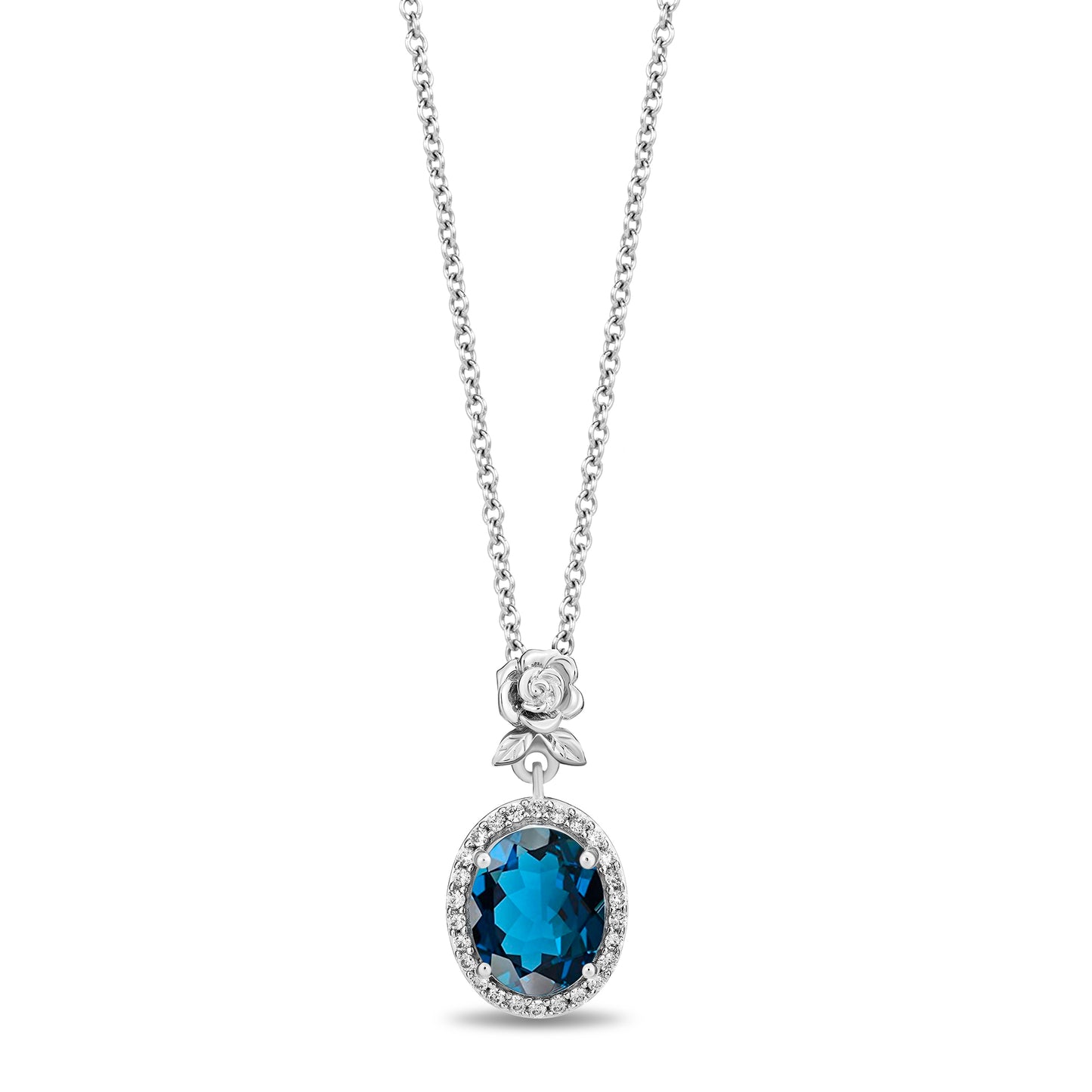Enchanted Disney Fine Jewelry Sterling Silver with 1/10 CTTW Diamond and London Blue Topaz Cinderella Halo Pendant Necklace
