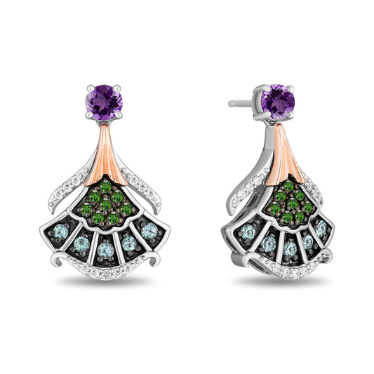 Enchanted Disney Fine Jewelry The Little Mermaid Black Rhodium over Sterling Silver and 10K Rose Gold with 1/10 CTTW Diamond and Amethyst with Green Tourmaline and Swiss Blue Topaz Ariel Earrings