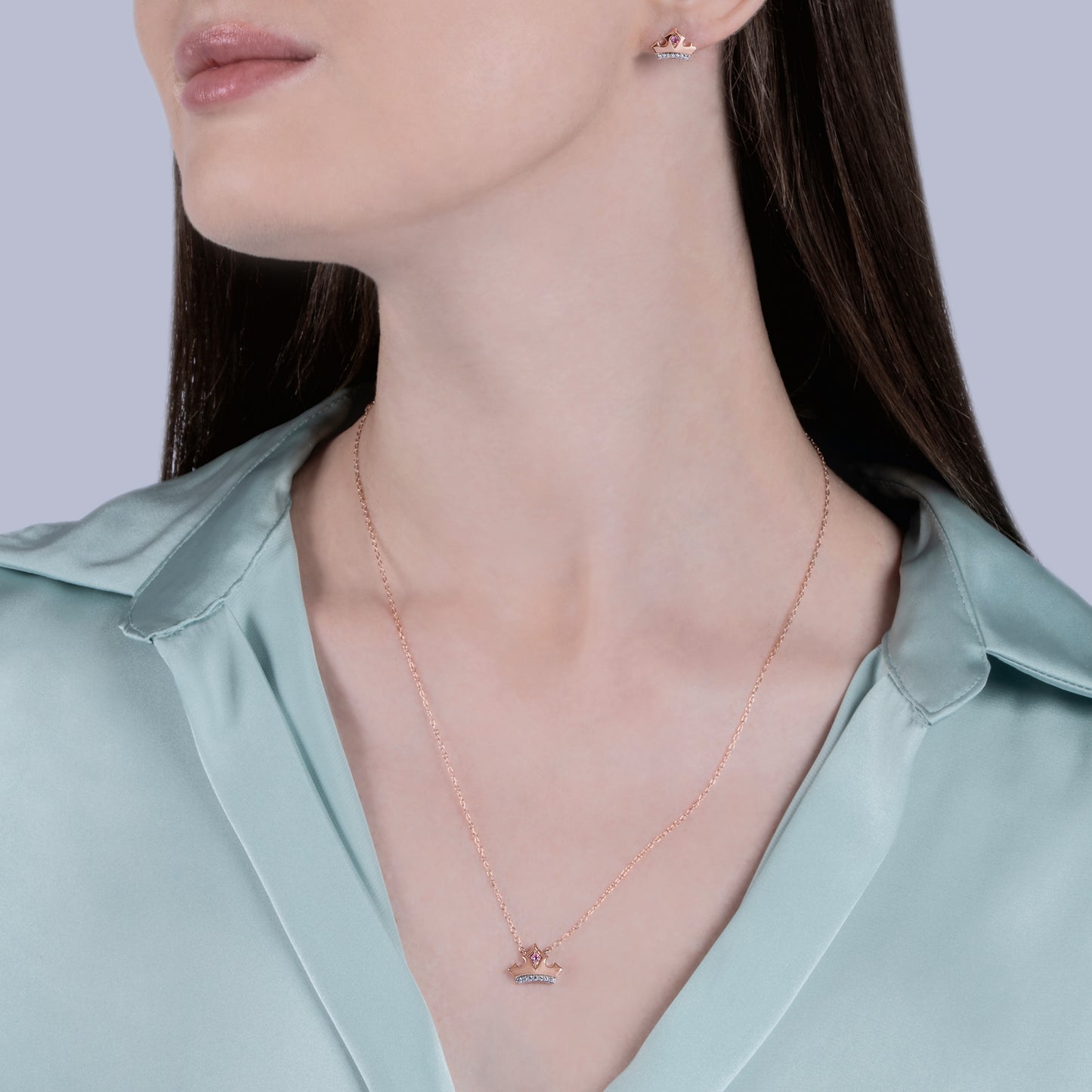 Enchanted Disney Fine Jewelry 14K Rose Gold over Sterling Silver with 1/20 CTTW Diamond and Pink Topaz, Disney's Aurora Tiara Necklace