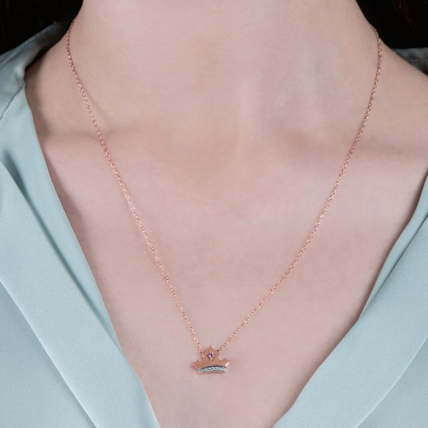 Enchanted Disney Fine Jewelry 14K Rose Gold over Sterling Silver with 1/20 CTTW Diamond and Pink Topaz, Disney's Aurora Tiara Necklace