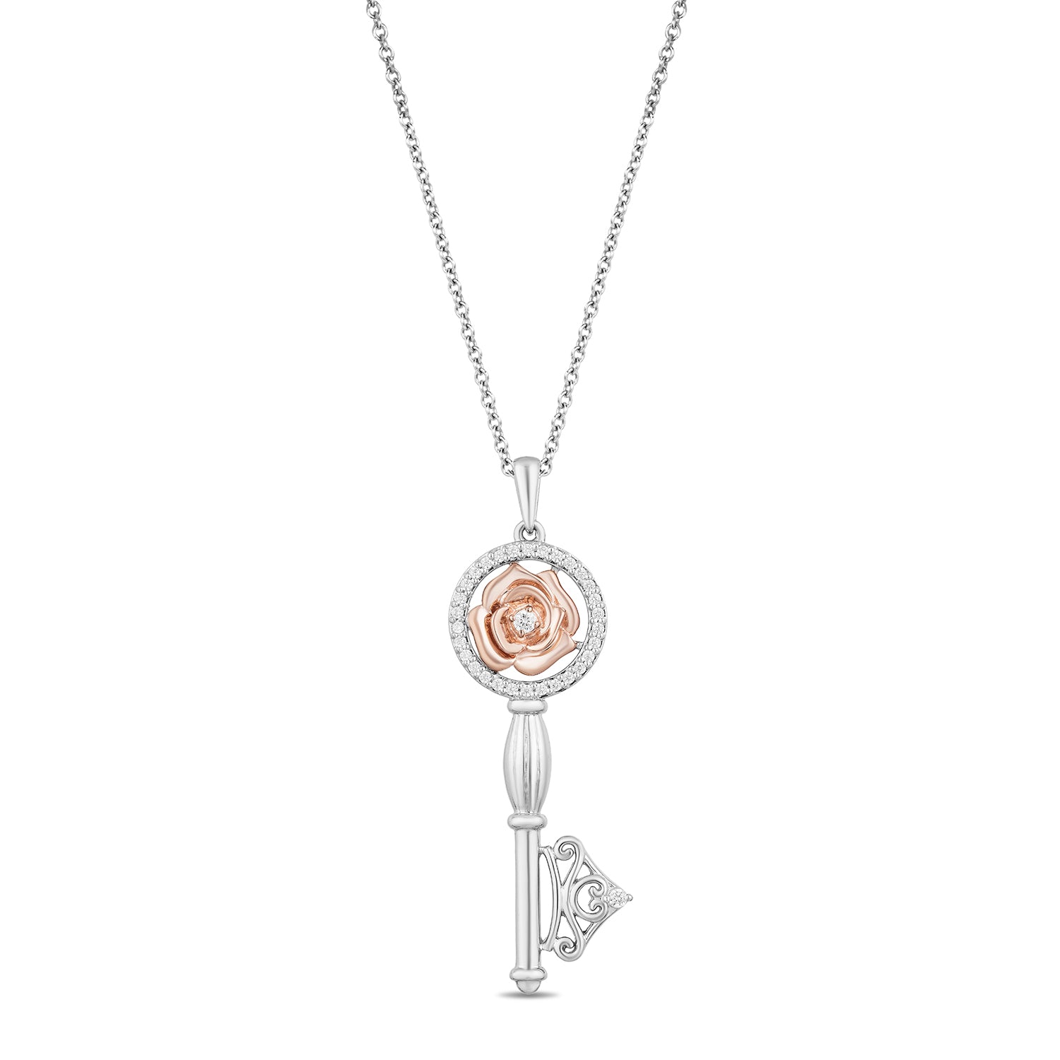 Enchanted Disney Fine Jewelry 14K Rose Gold Over Sterling Silver with 1/6  CTTW Belle Rose Key Pendant Necklace