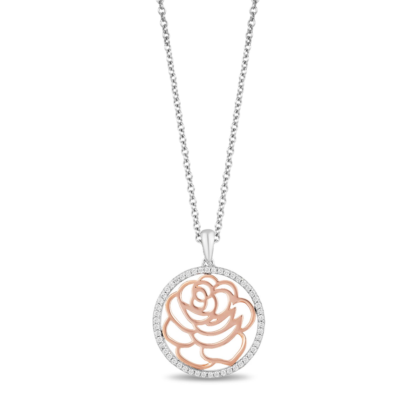 Enchanted Disney Fine Jewelry 14K Rose Gold Over Sterling Silver with 1/5 CTTW Diamonds Belle Rose Pendant Necklace