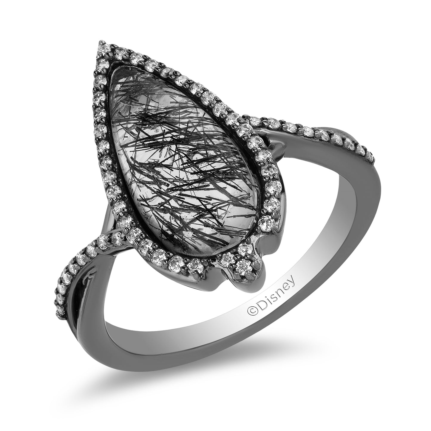 Enchanted Disney Fine Jewelry Black Rhodium over Sterling Silver 1/4 CTTW Diamond with Rutile Quartz Maleficent Ring