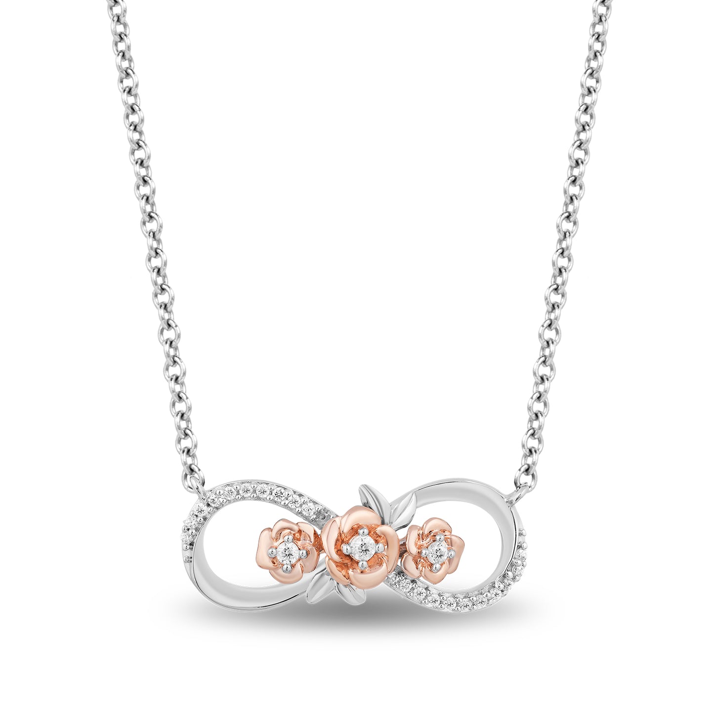 Enchanted Disney Fine Jewelry 10K Rose Gold and Sterling Silver With 1/6 CTTW Diamond Belle"Dozen Roses" Necklace