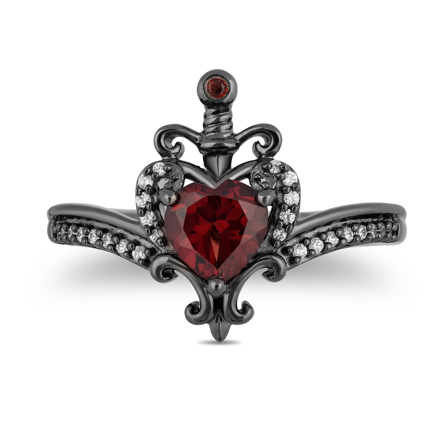 Enchanted Disney Fine Jewelry Black Rhodium over Sterling Silver Evil Queen with 1/10 CTTW Diamond and Red Garnet Dagger Ring