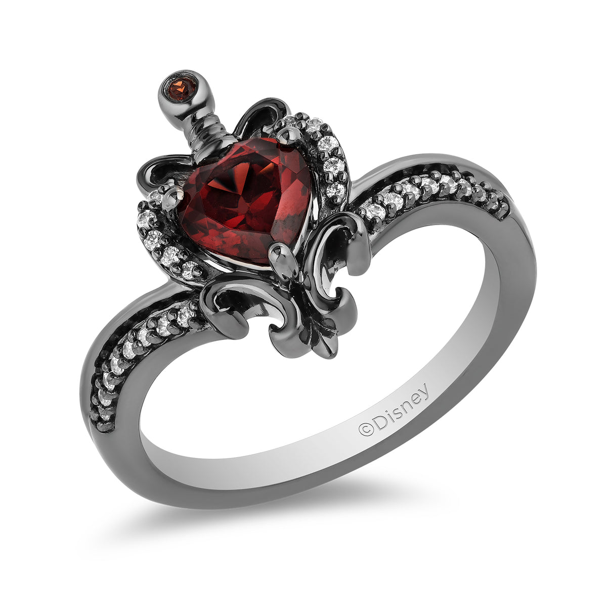 Enchanted Disney Fine Jewelry Black Rhodium over Sterling Silver Evil Queen with 1 10 CTTW Diamond and Red Garnet Dagger Ring
