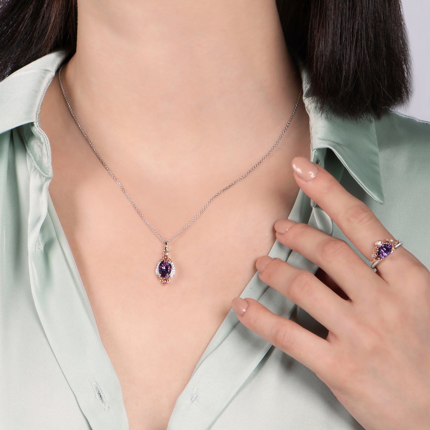 Disney Cinderella Inspired Diamond and Concave Amethyst Ring in Sterling Silver and 10K Rose Gold View 3
