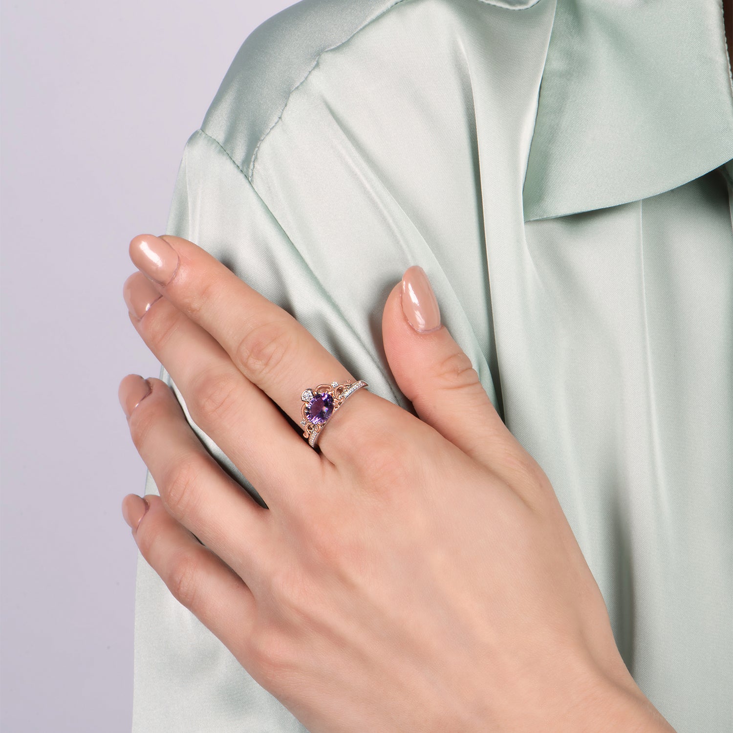 Disney Cinderella Inspired Diamond and Concave Amethyst Ring in Sterling Silver and 10K Rose Gold View 2