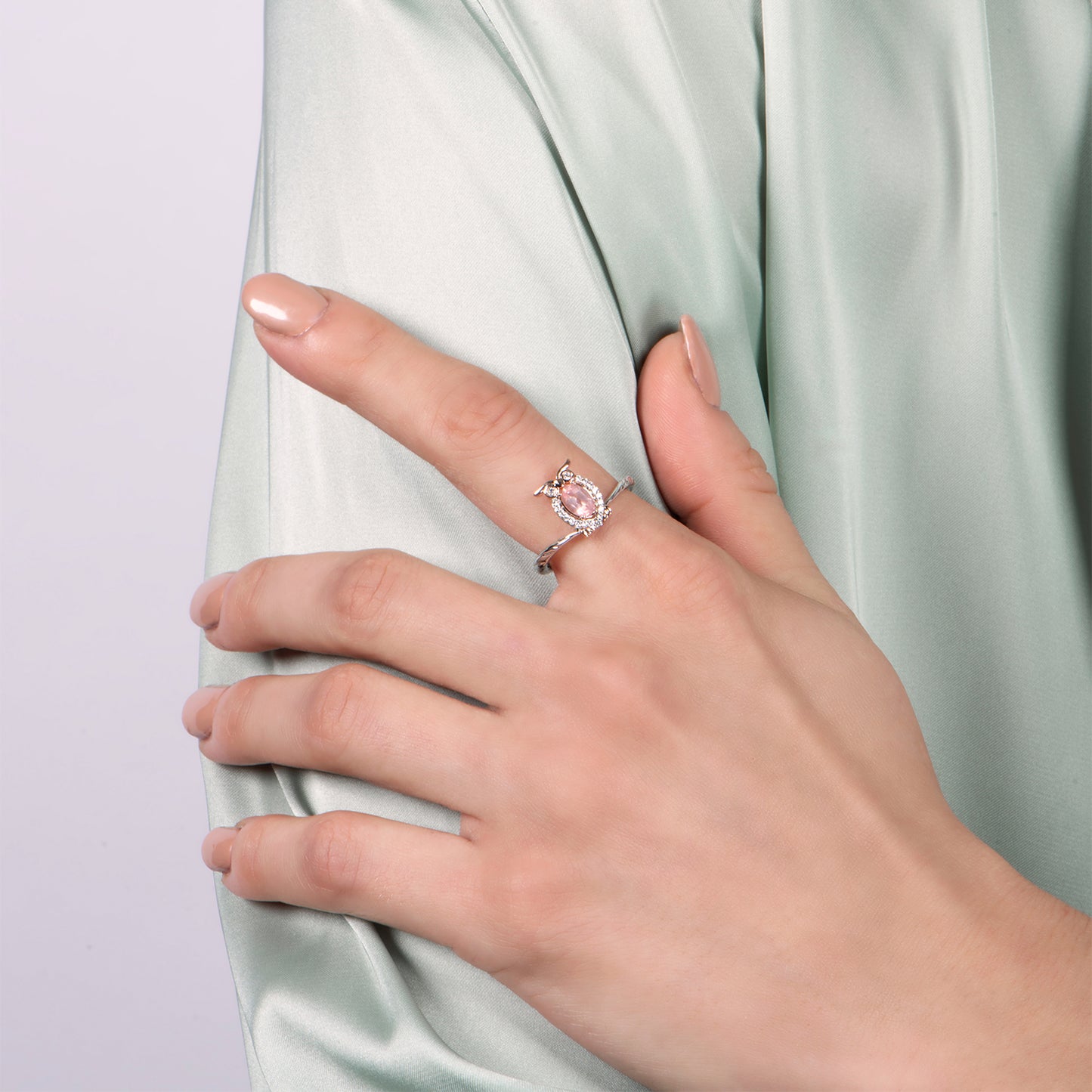 Disney Aurora Inspired Diamond and Pink Quartz Owl Ring in Sterling Silver and 10K Rose Gold 1/10 CTTW View 2