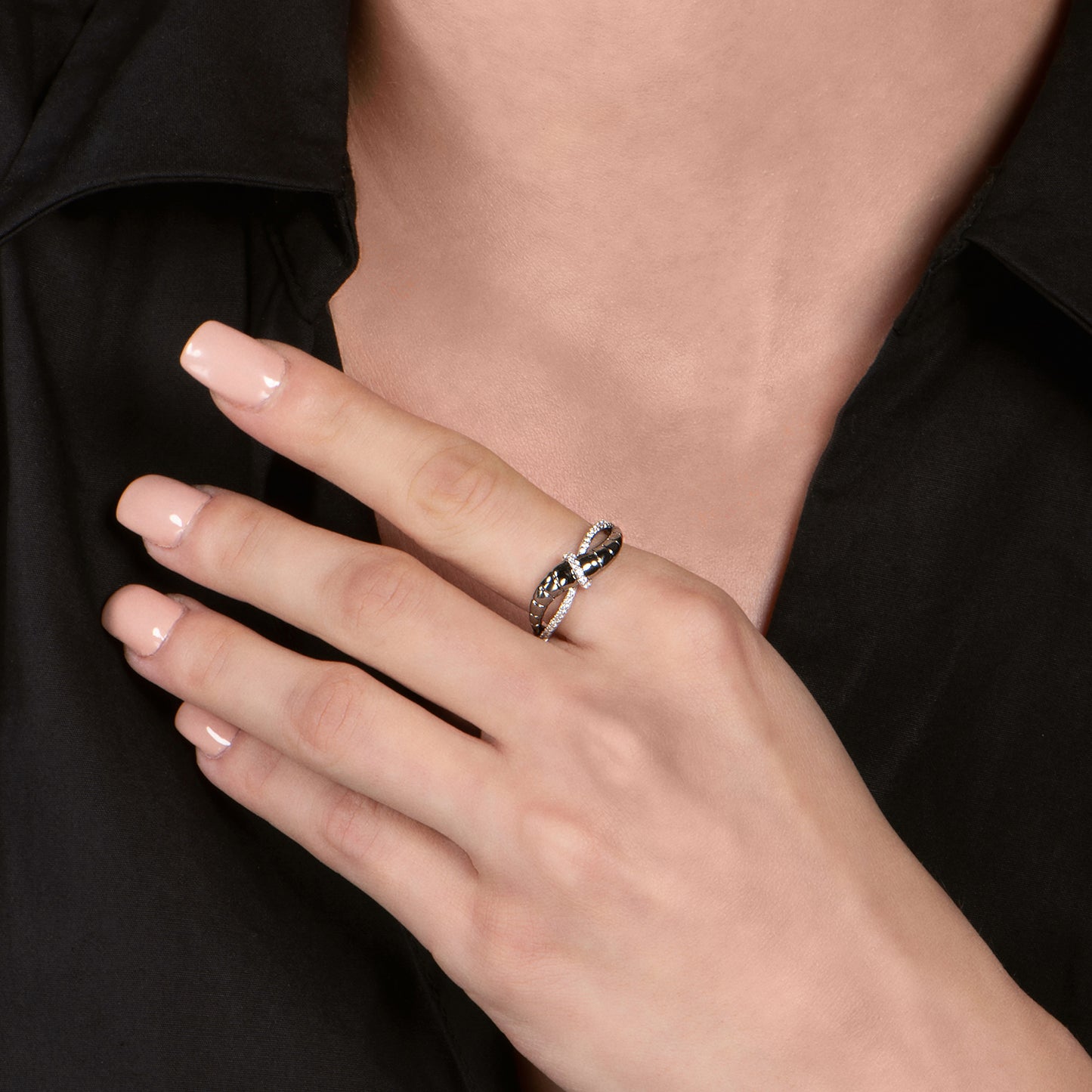 Enchanted Disney Fine Jewelry Black Rhodium over Sterling Silver with 1/6 CTTW Diamond Maleficent Horn Textured Ring