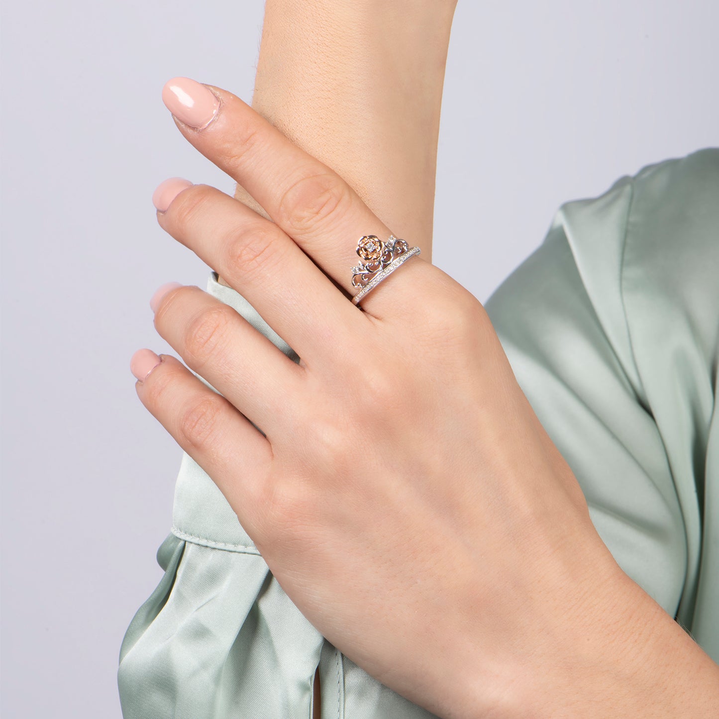 Enchanted Disney Fine Jewelry Sterling Silver and 10k Rose Gold 1/10 CTTW Belle Rose Tiara Ring