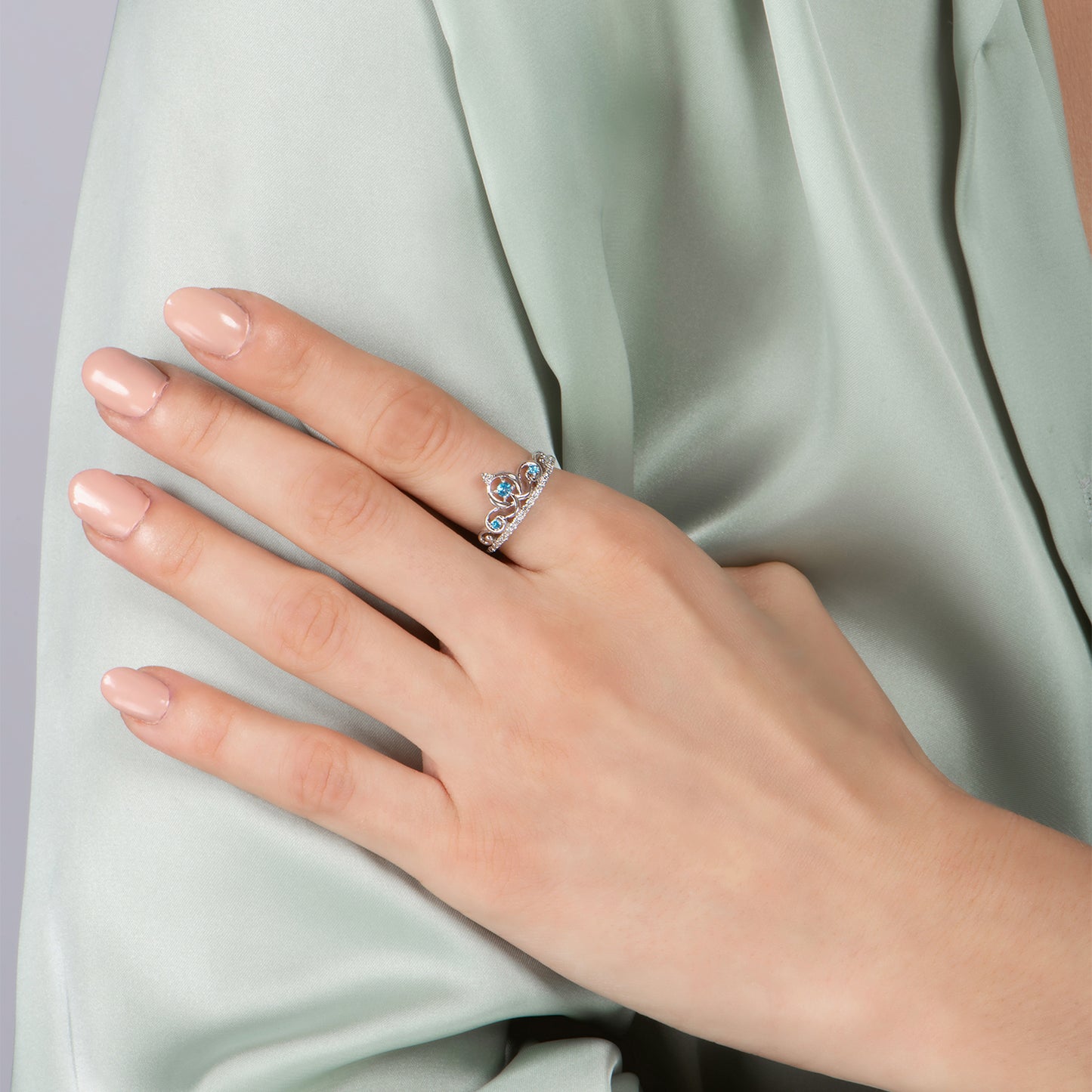 Enchanted Disney Fine Jewelry Sterling Silver 1/6 CTTW Diamond and London Blue Topaz Cinderella Tiara Ring