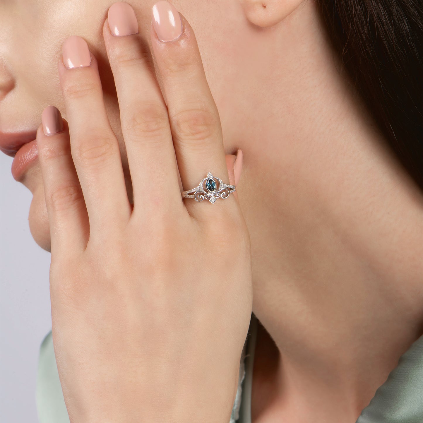 Enchanted Disney Fine Jewelry Sterling Silver with 1/10 CTTW Diamond and London Blue Topaz Cinderella Carriage Ring