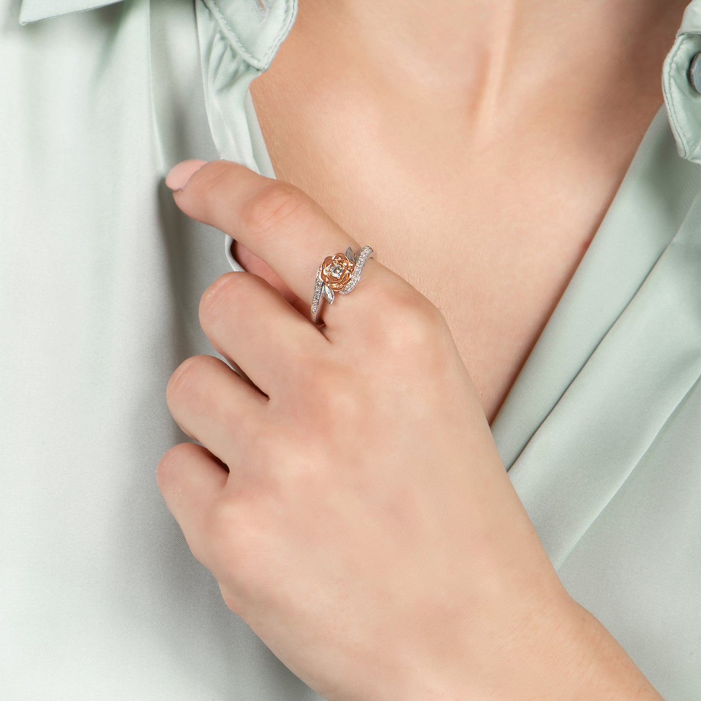 Enchanted Disney Fine Jewelry 14K Rose Gold over Sterling Silver with 1/4 CTTW Lab Grown Diamond Belle Rose Ring