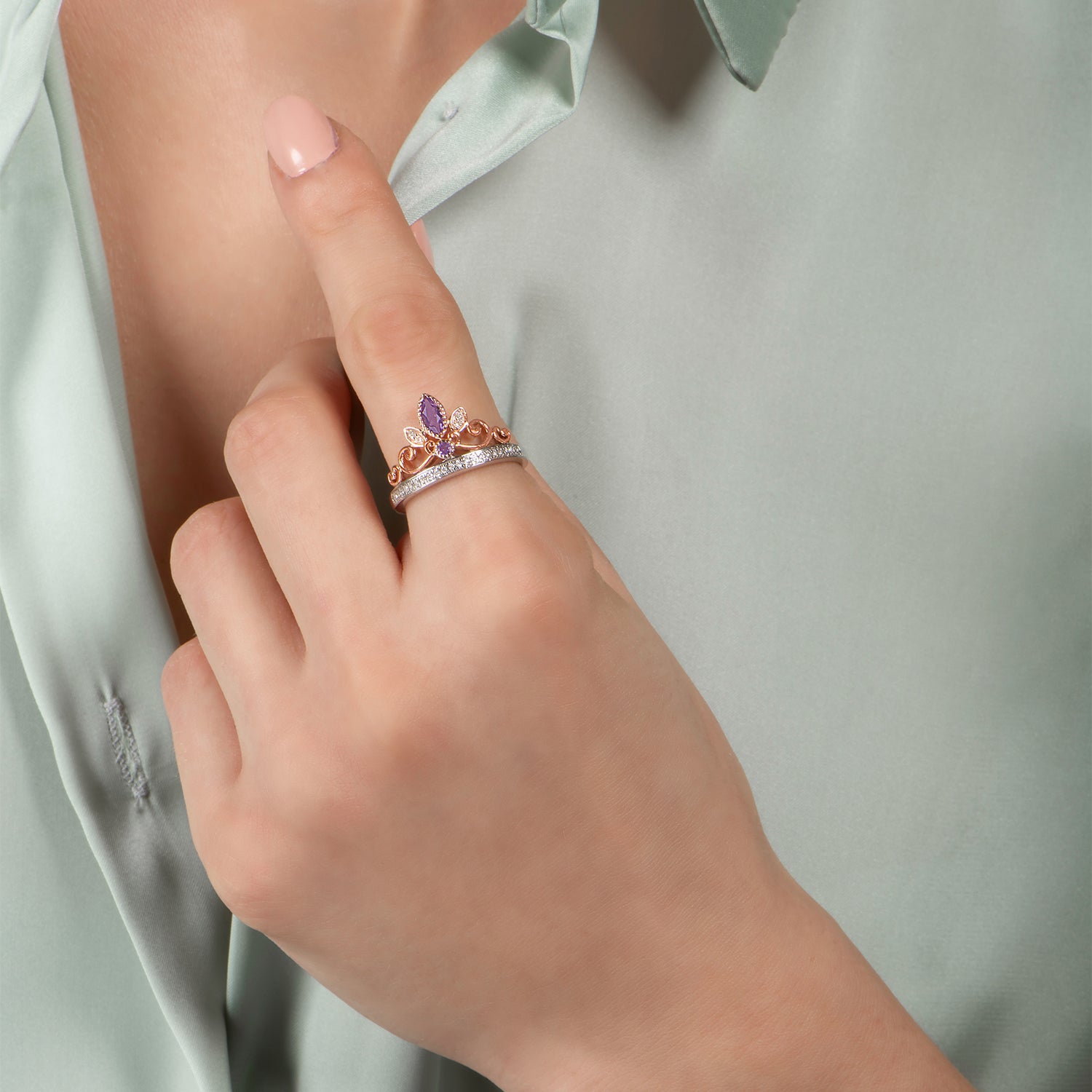 Disney Rapunzel Inspired Diamond and Rose-De-France Tiara Ring in