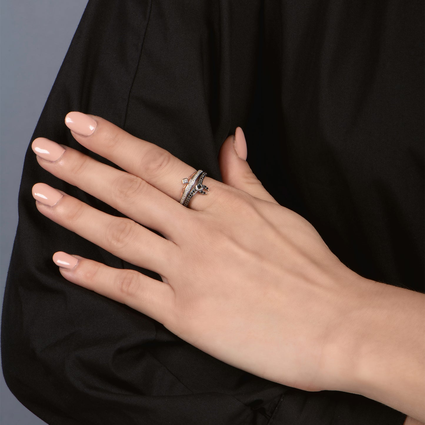Enchanted Disney Fine Jewelry Black Rhodium over Sterling Silver and 10K Rose Gold 1/4 CTTW Black Diamond and White Diamond Aurora Duo Set Ring