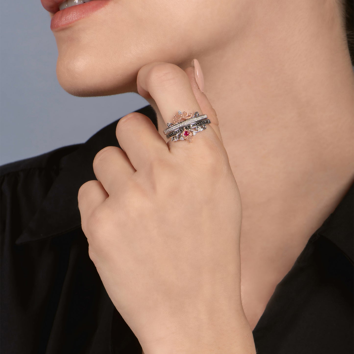 Enchanted Disney Fine Jewelry Sterling Silver and 10K Rose Gold with 1/4 CTTW Diamond and Ruby Snow White and Evil Queen Duo Ring Set