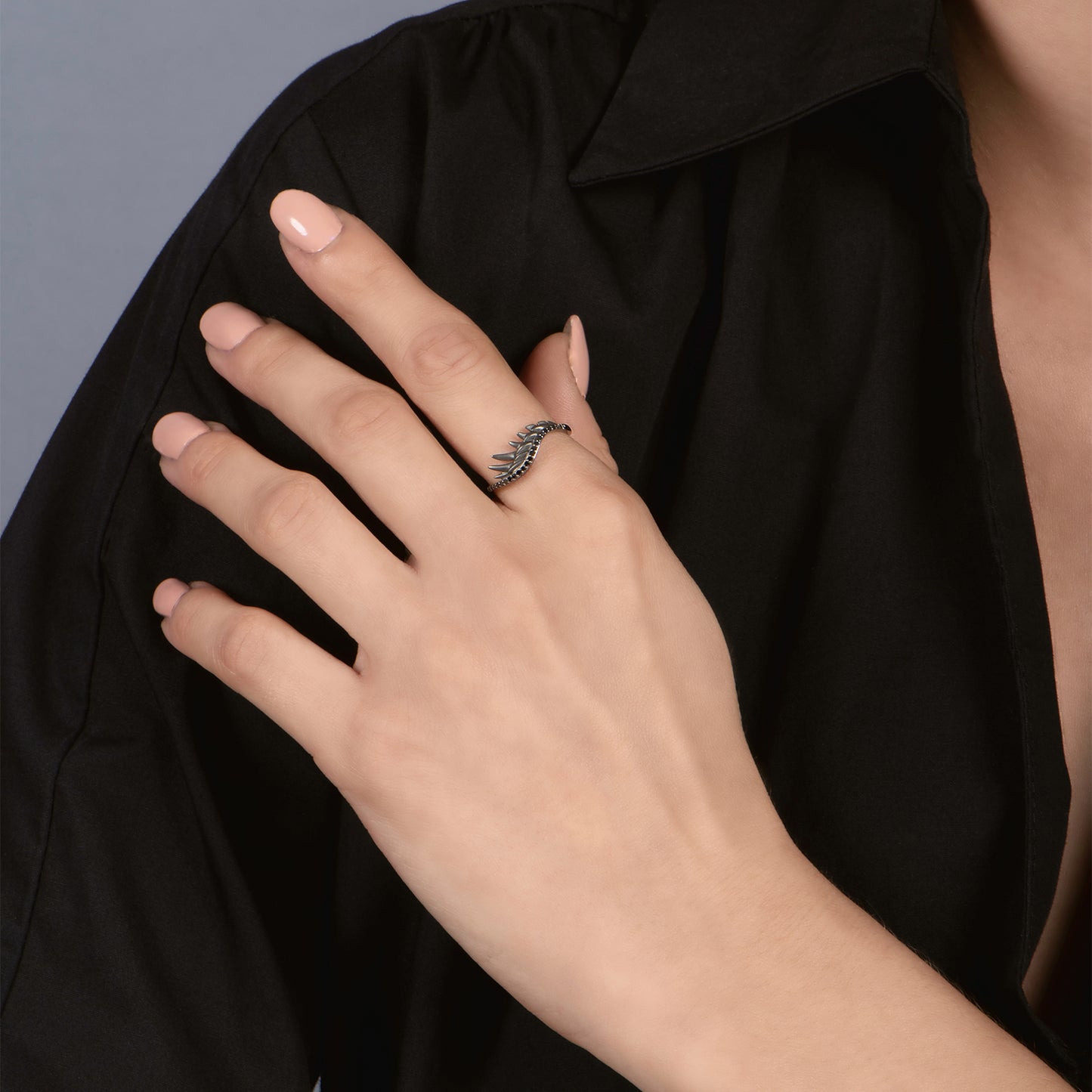 Enchanted Disney Fine Jewelry Sterling Silver with Black Rhodium 1/8 CTTW Maleficent Wings Ring