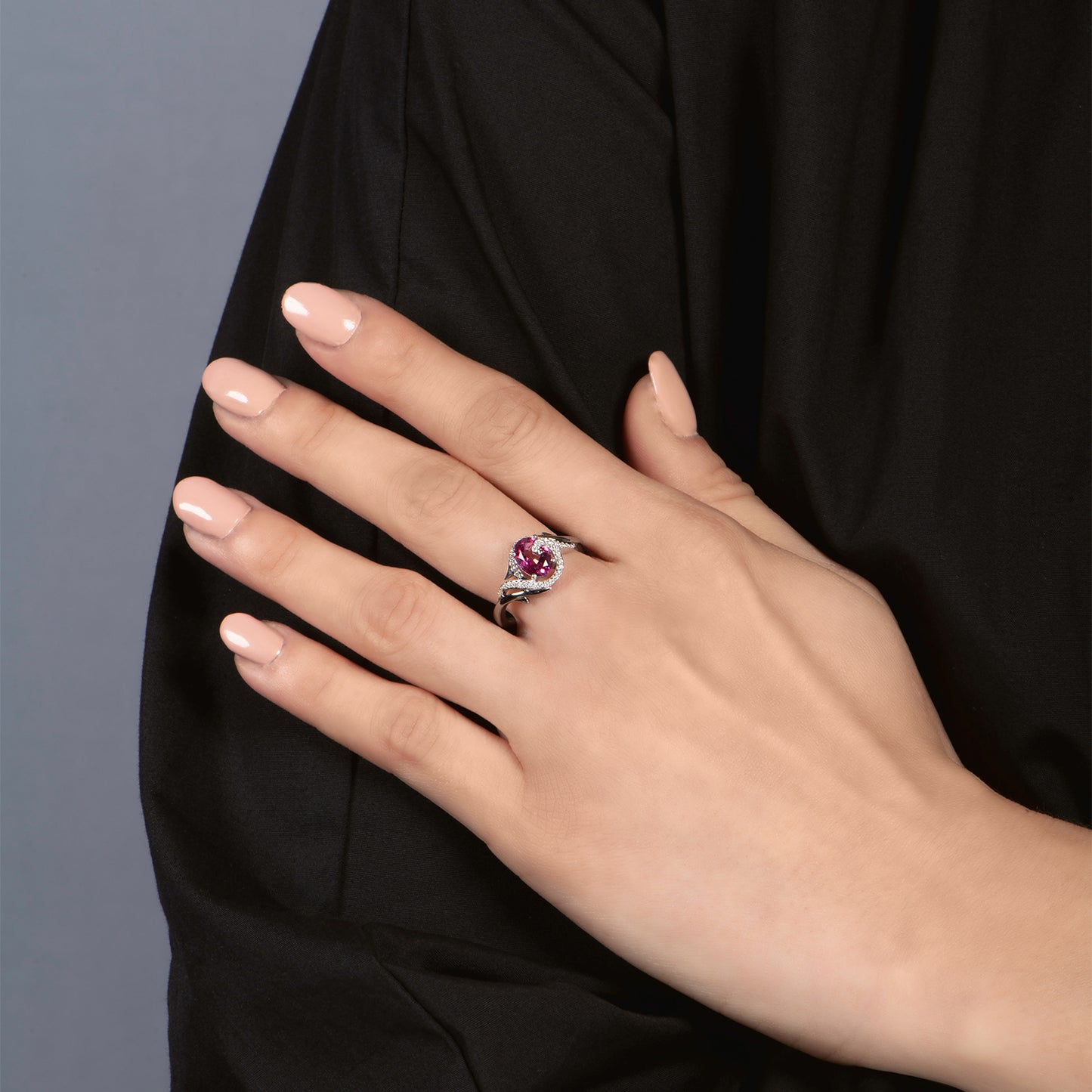 Enchanted Disney Fine Jewelry Sterling Silver with Black Rhodium 1/10 CTTW Diamond and Pink Topaz Maleficent Ring