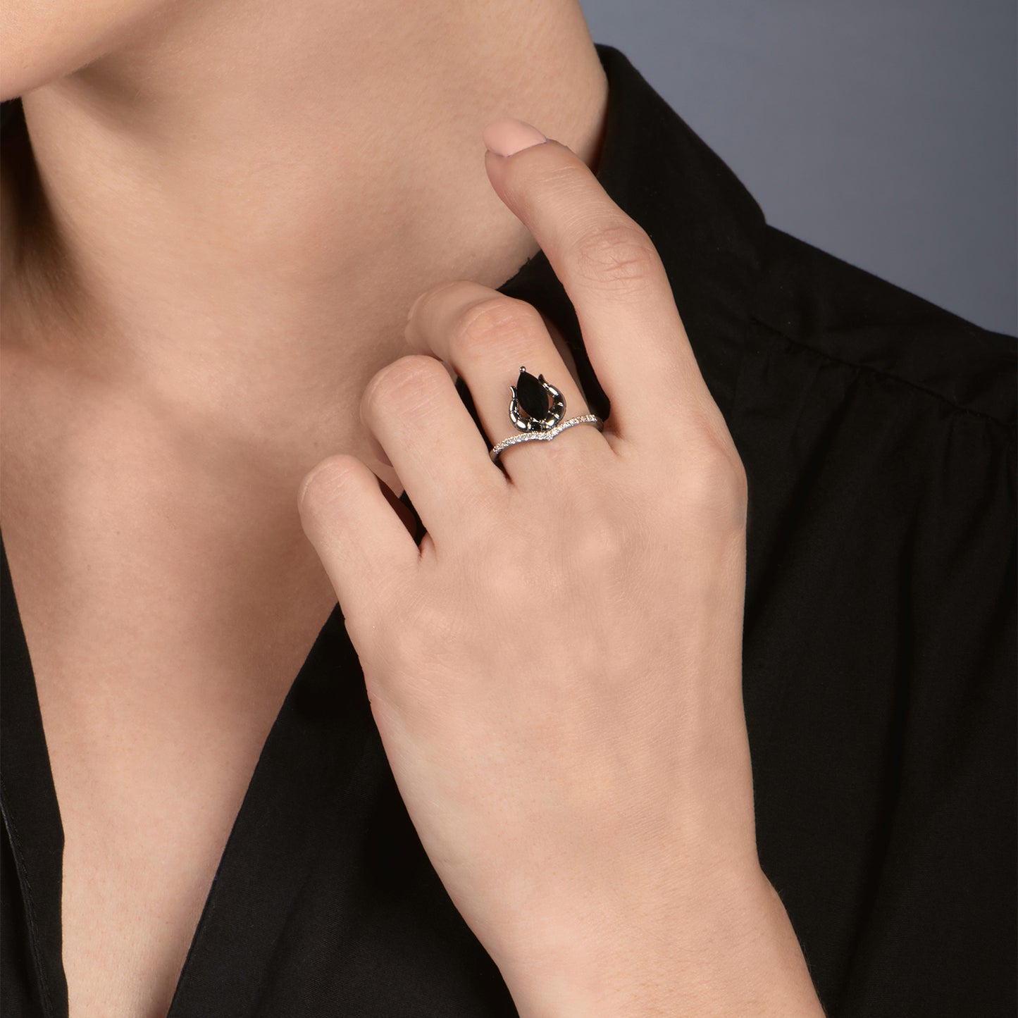 Enchanted Disney Fine Jewelry Black Rhodium Over Sterling Silver with 1/10 CTTW Diamond and Onyx Maleficent Ring