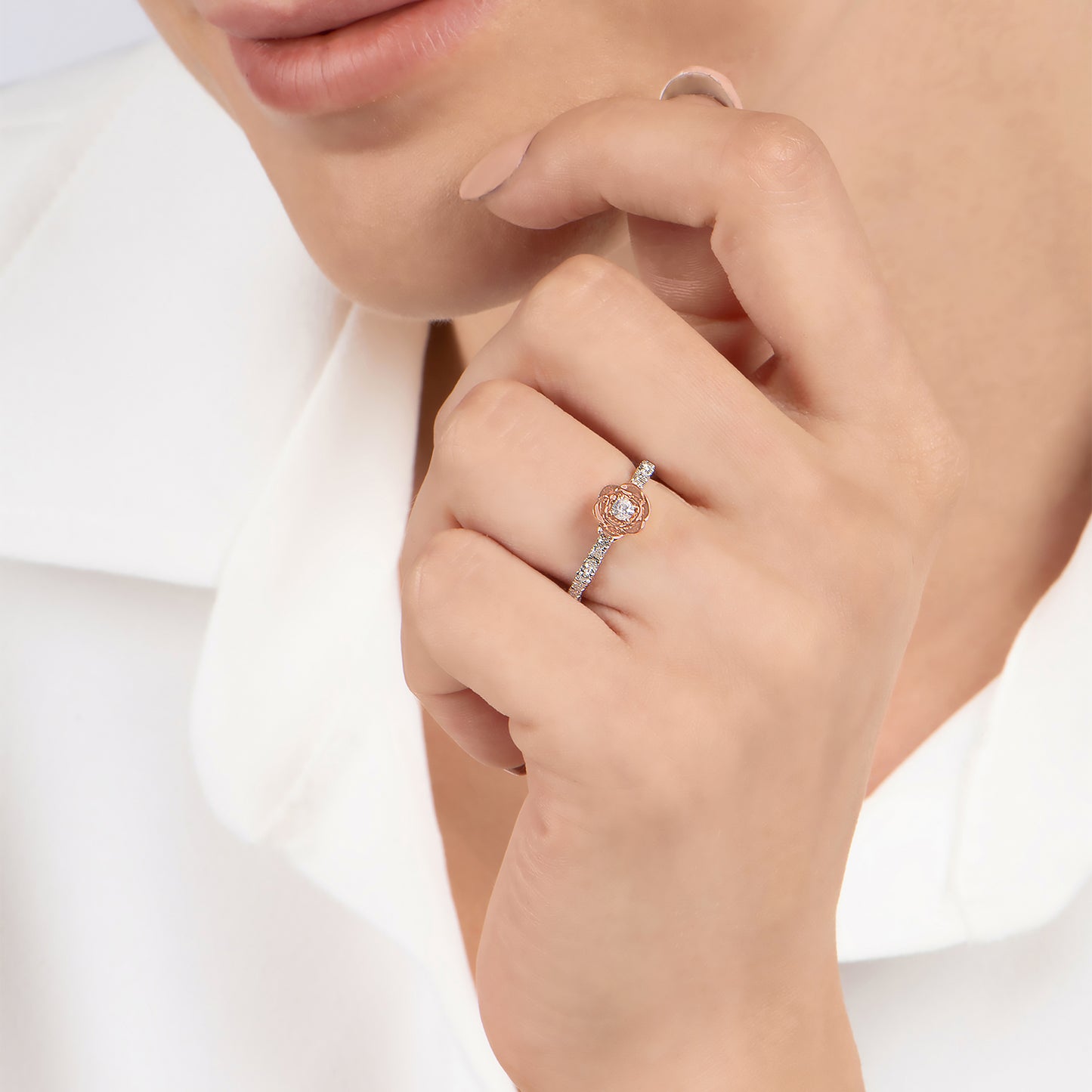 Enchanted Disney Fine Jewelry Sterling Silver And 10K Rose Gold With 1/4 CTTW Diamond Belle Rose Promise Ring