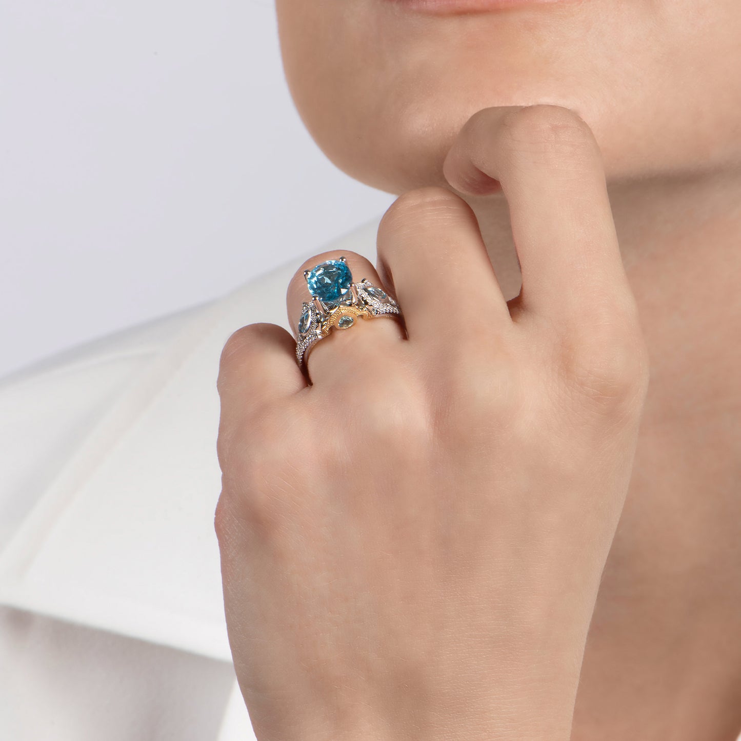Enchanted Disney Fine Jewelry 14K White Gold and Yellow Gold with 1/5 CTTW Diamonds and Swiss Blue Topaz Jasmine Ring