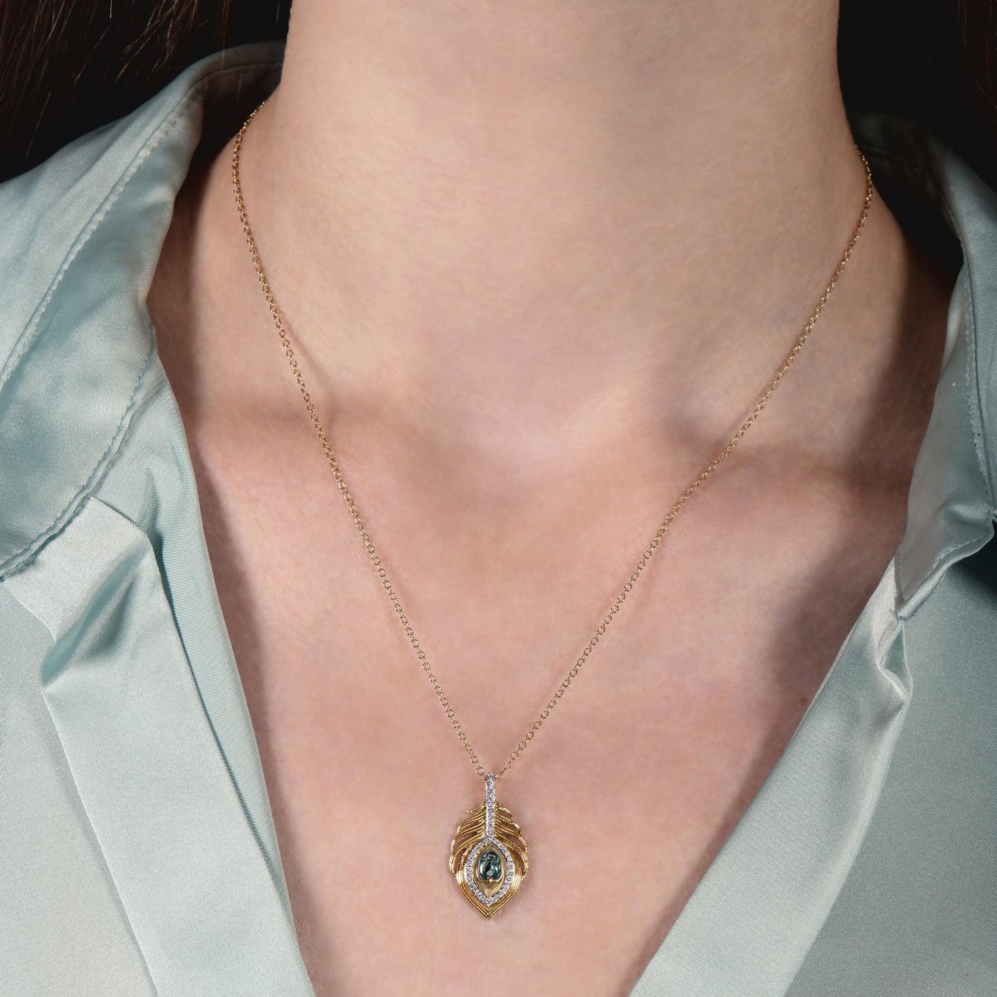 Enchanted Disney Fine Jewelry 14K Yellow Gold over Sterling Silver with 1/8 CTTW Diamond and Swiss Blue Topaz, Disney's Jasmine Peacock Feather Necklace
