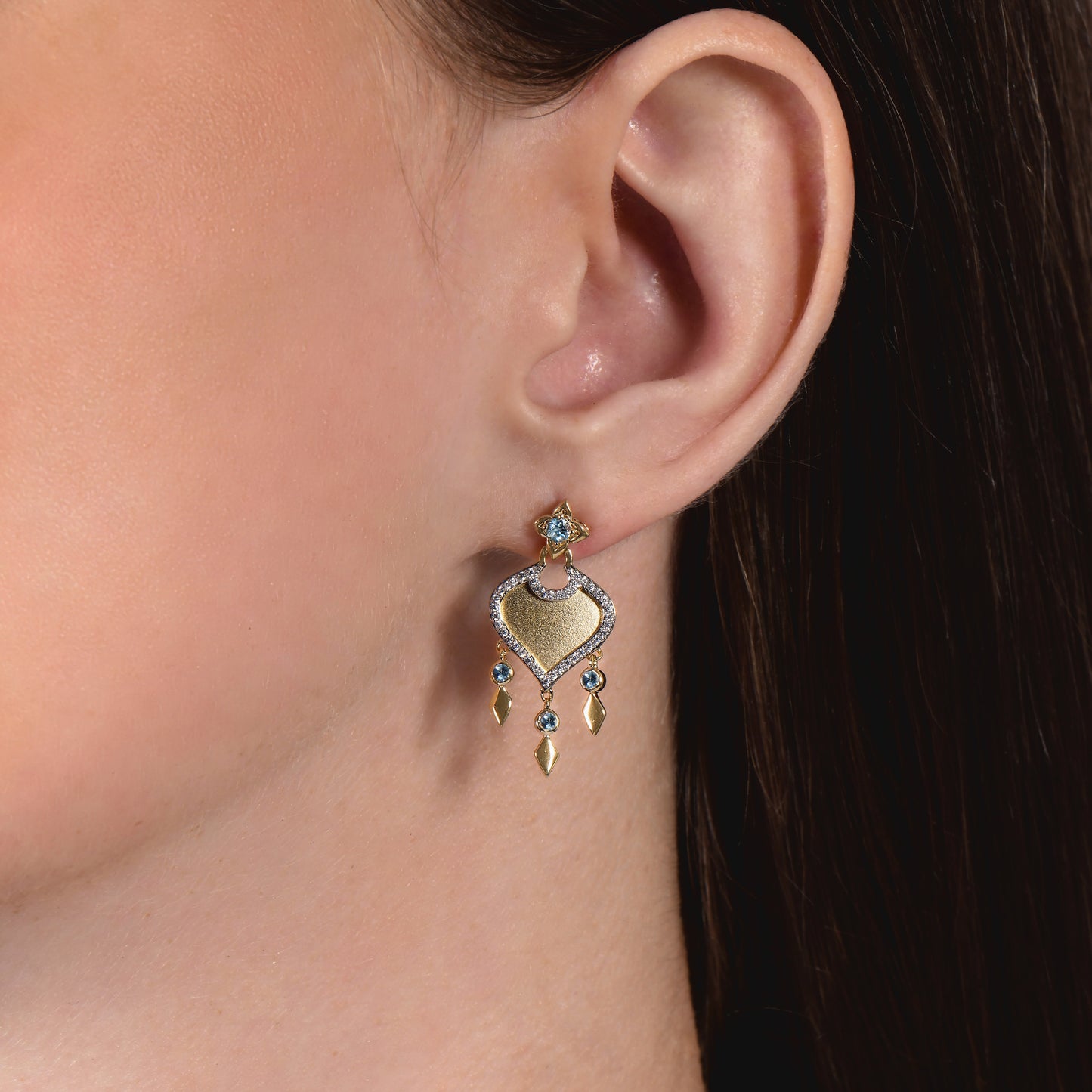 Enchanted Disney Fine Jewelry 14K Yellow Gold over Sterling Silver with 1/5 CTTW Diamond and Swiss Blue Topaz, Disney's Jasmine Earrings