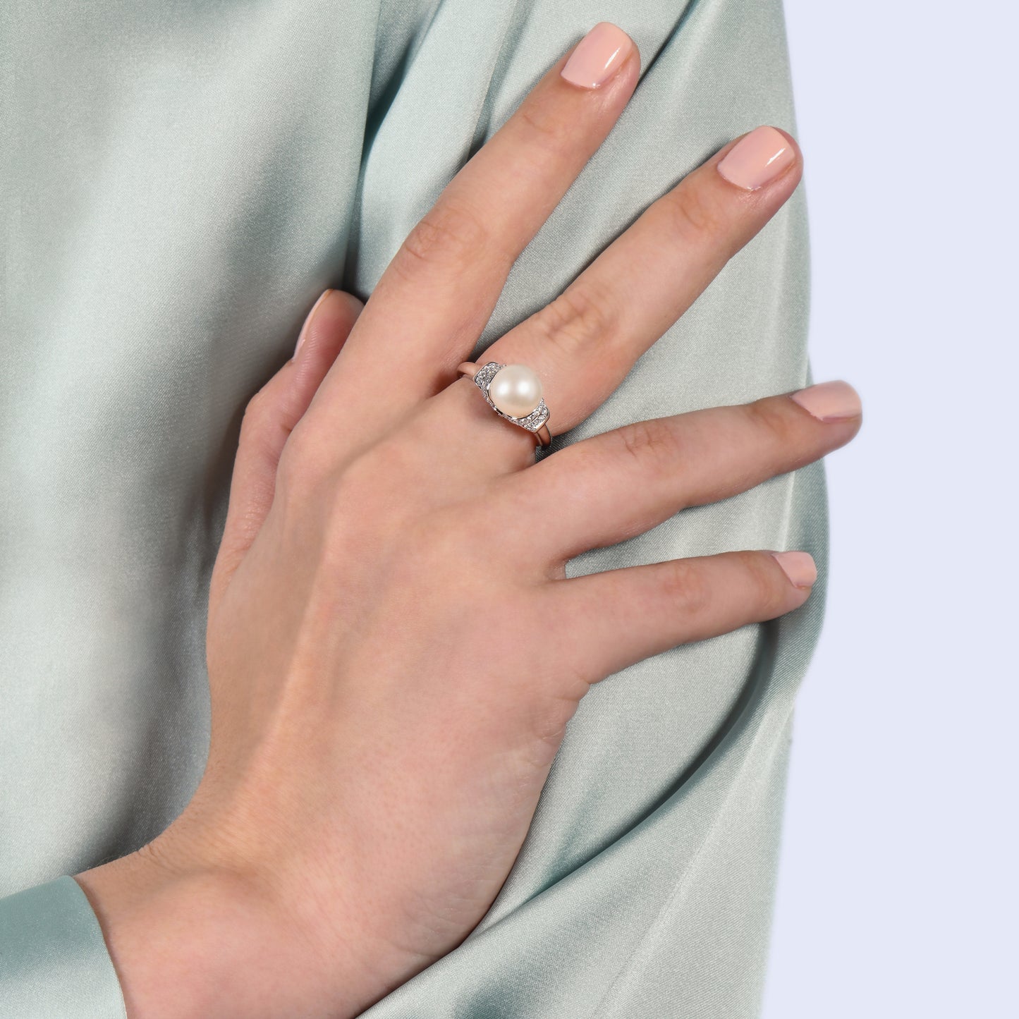 Enchanted Disney Fine Jewelry Sterling Silver 1/6 CTTW Diamond with Pearl and London Blue Topaz Cinderella Ring