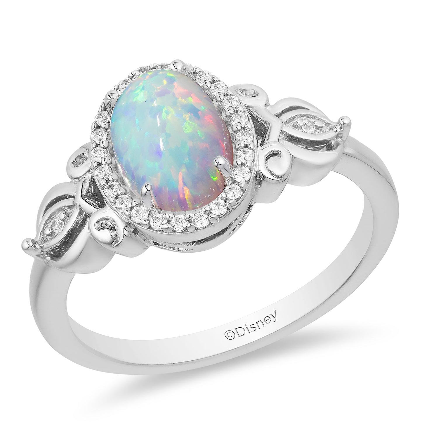 Enchanted Disney Fine Jewelry Sterling Silver with 1/10 CTTW Diamond and Created Opal Cinderella Carriage Ring