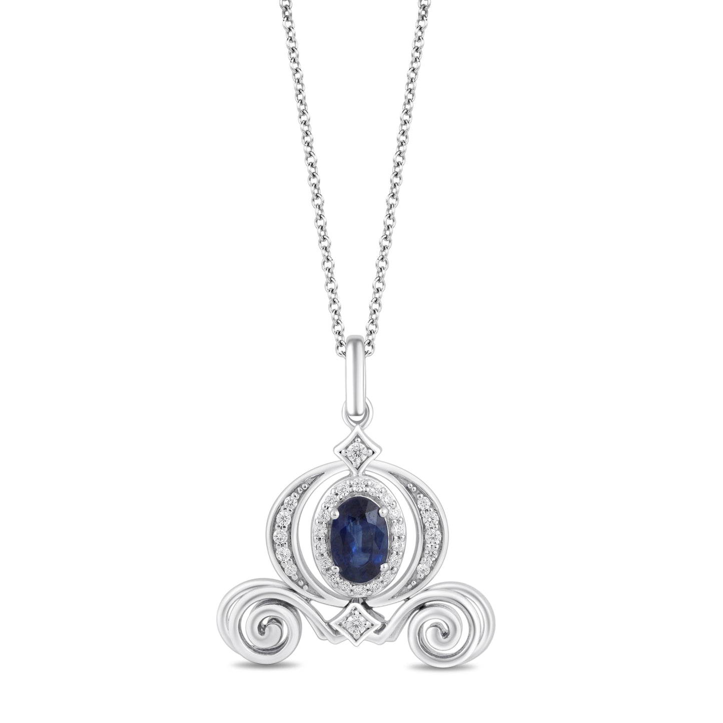 Enchanted Disney Fine Jewelry Sterling Silver with 1/6 CTTW Diamond and Blue Sapphire Cinderella Carriage Pendant Necklace