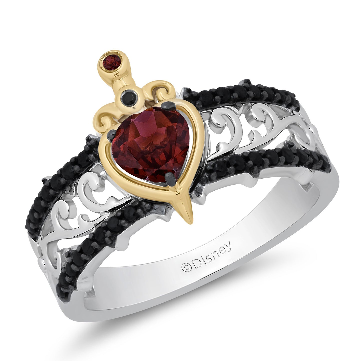 Enchanted Disney Fine Jewelry 10K Yellow Gold and Sterling Silver with 1/4 CTTW Black Diamond and Red Garnet Evil Queen Ring