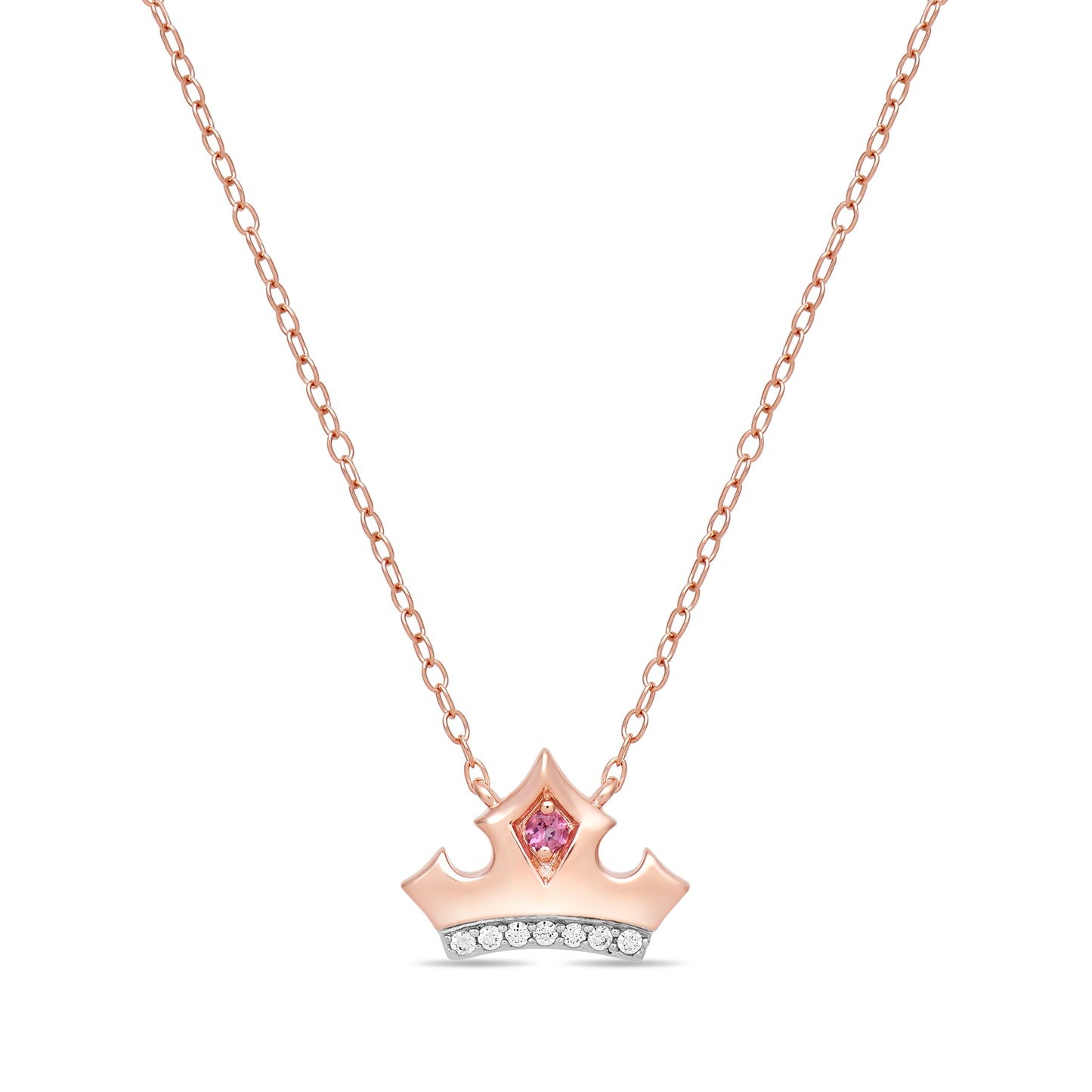 Enchanted Disney Fine Jewelry 14K Rose Gold over Sterling Silver with 1/20 CTTW Diamond and Pink Topaz, Disney's Aurora Tiara Necklace