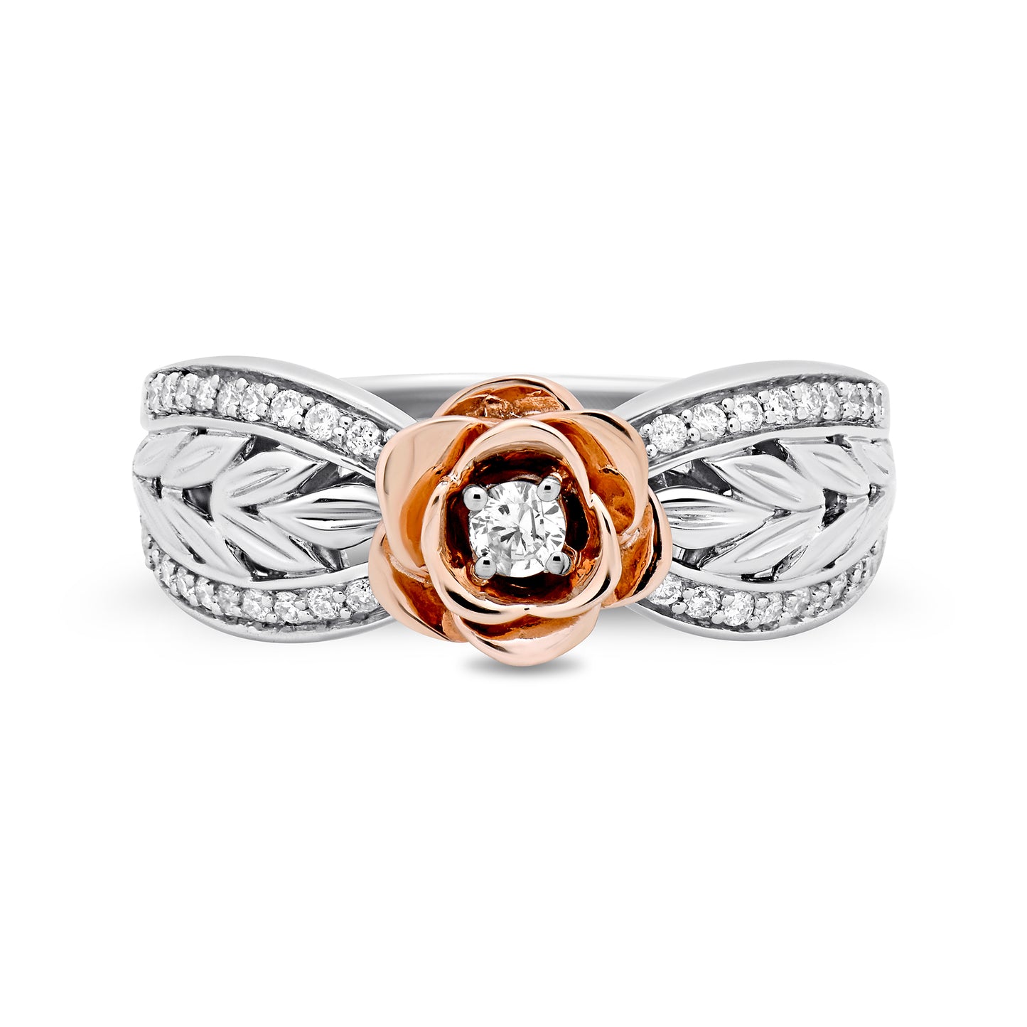 Enchanted Disney Fine Jewelry Sterling Silver and 10K Rose Gold 1/4 CTTW Belle Rose Ring