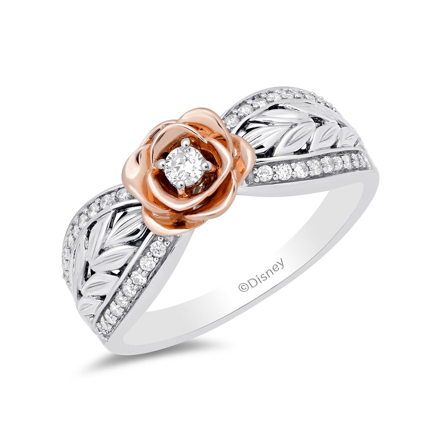 Enchanted Disney Fine Jewelry Sterling Silver and 10K Rose Gold 1/4 CTTW Belle Rose Ring