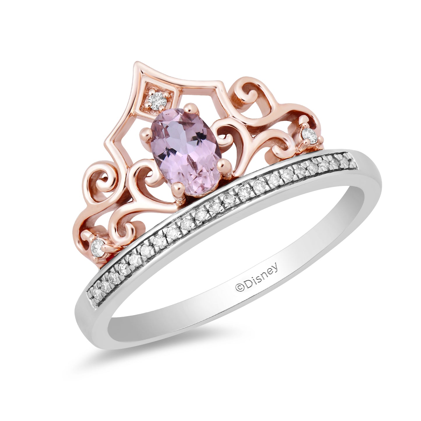 Enchanted Disney Fine Jewelry Sterling Silver and 10K Rose Gold 1/10 CTTW and Pink Tourmaline Aurora Tiara Ring