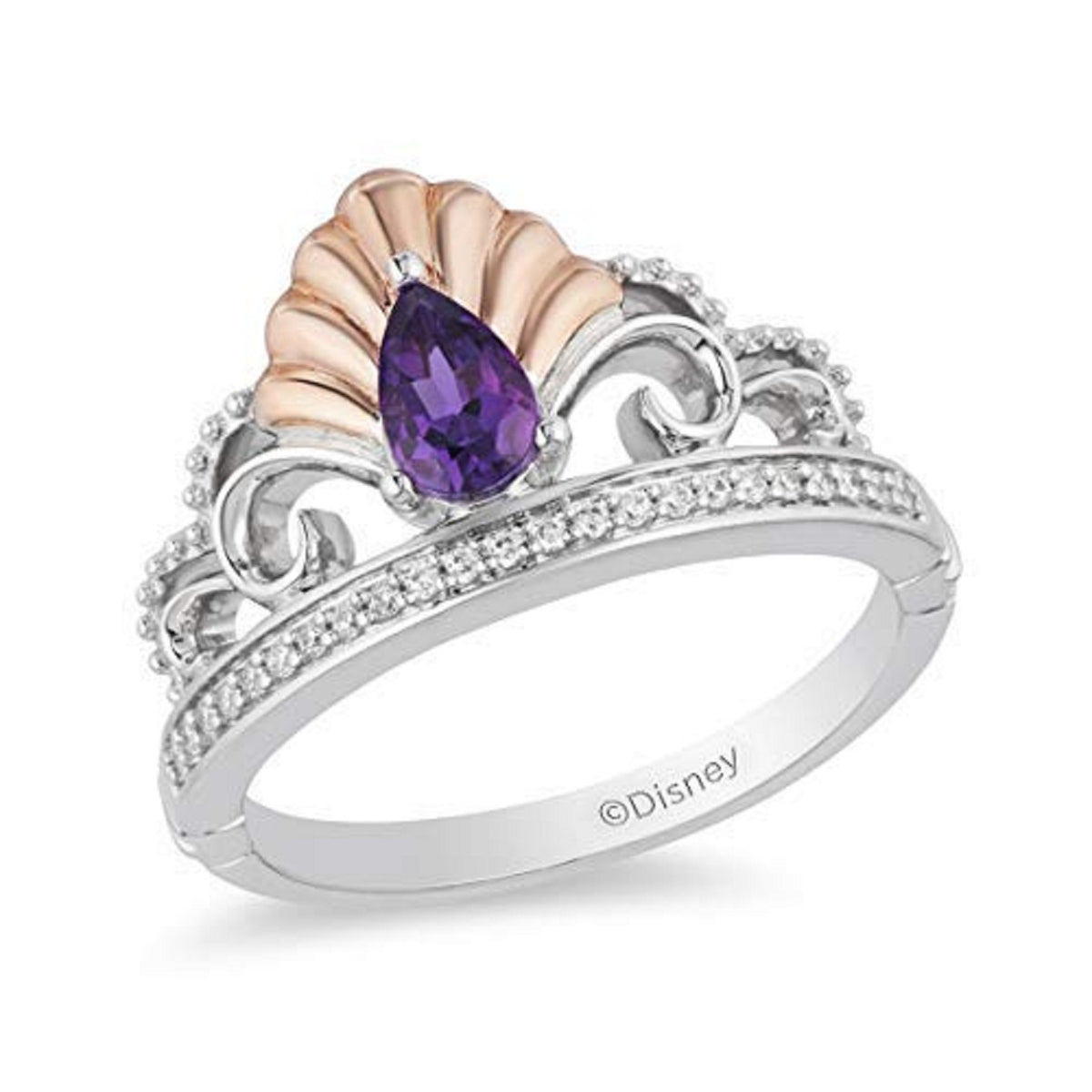 Enchanted Disney Fine Jewelry Sterling Silver and 10K Rose Gold with 1/10 CTTW Diamond and Amethyst Ariel Shell Tiara Ring