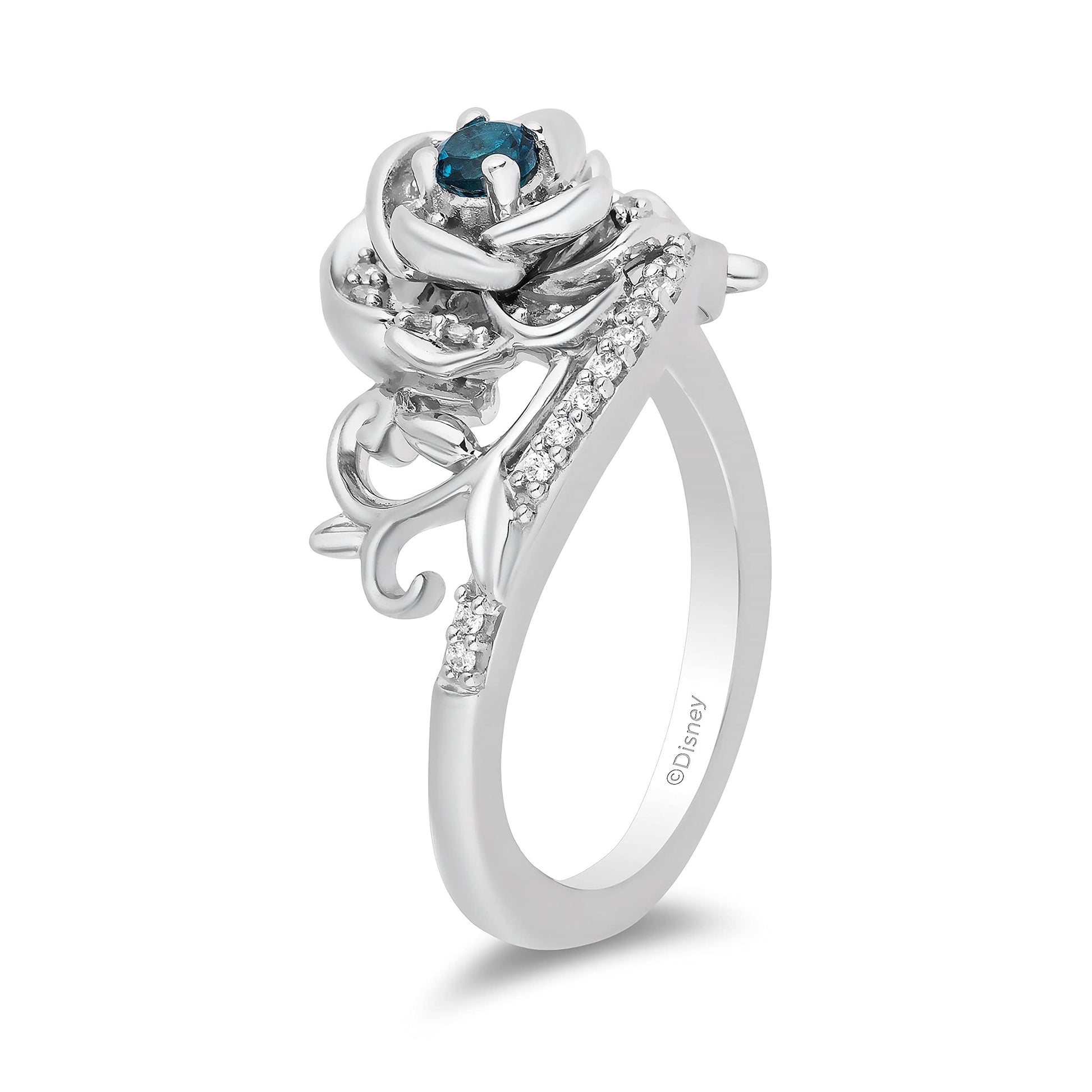 Disney Cinderella Inspired Diamond and London Blue Topaz Flower Ring in Sterling Silver 1/6 CTTW View 4