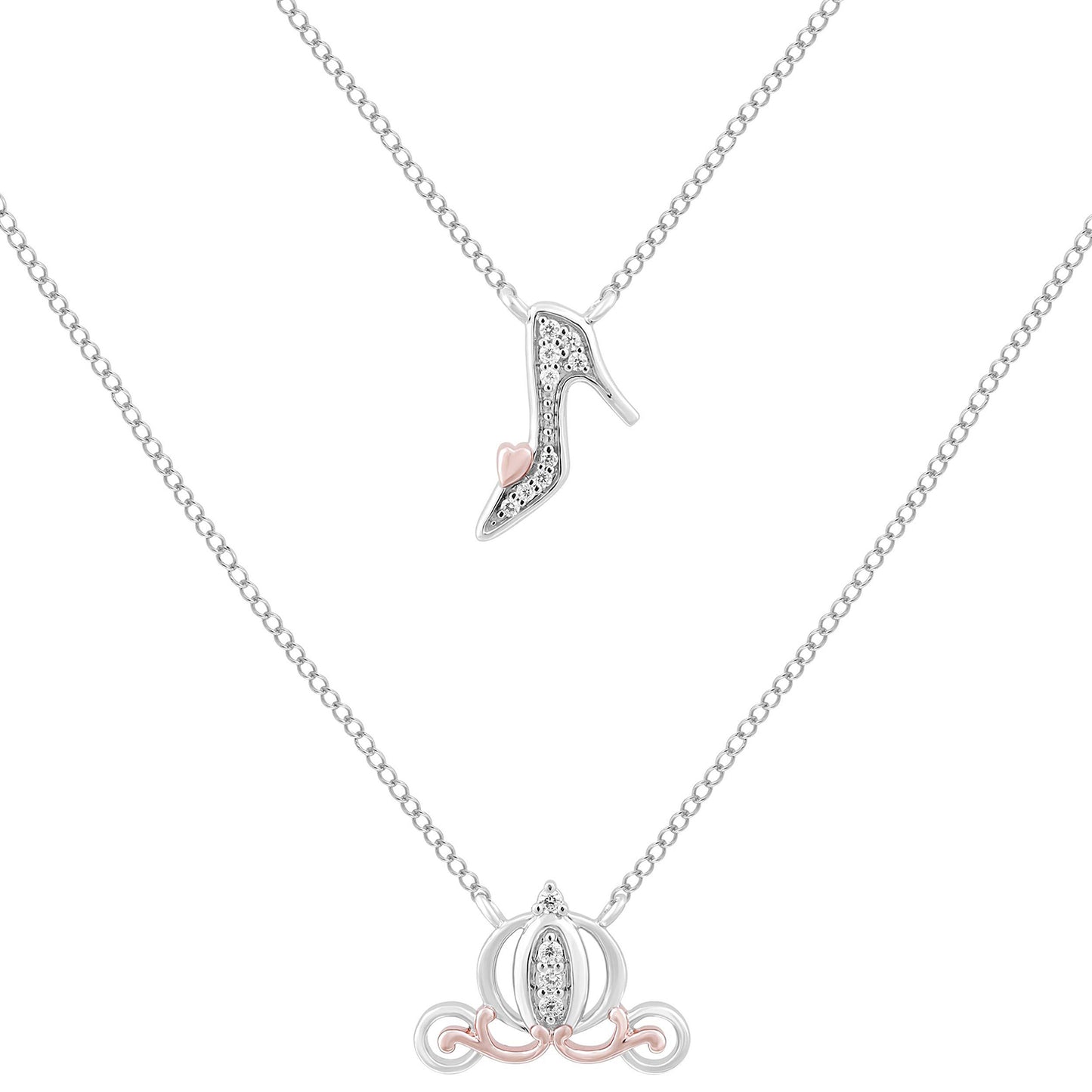 Enchanted Disney Fine Jewelry Sterling Silver and 10K Rose Gold 1/15 CTTW Diamond Cinderella Double Chain Necklace
