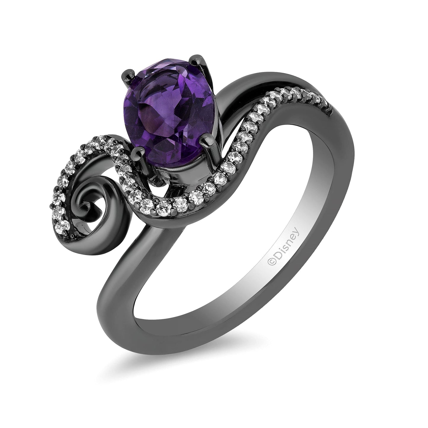 Enchanted Disney Fine Jewelry Black Rhodium Over Sterling Silver with 1/6 CTTW Diamond and Amethyst Ursula Ring