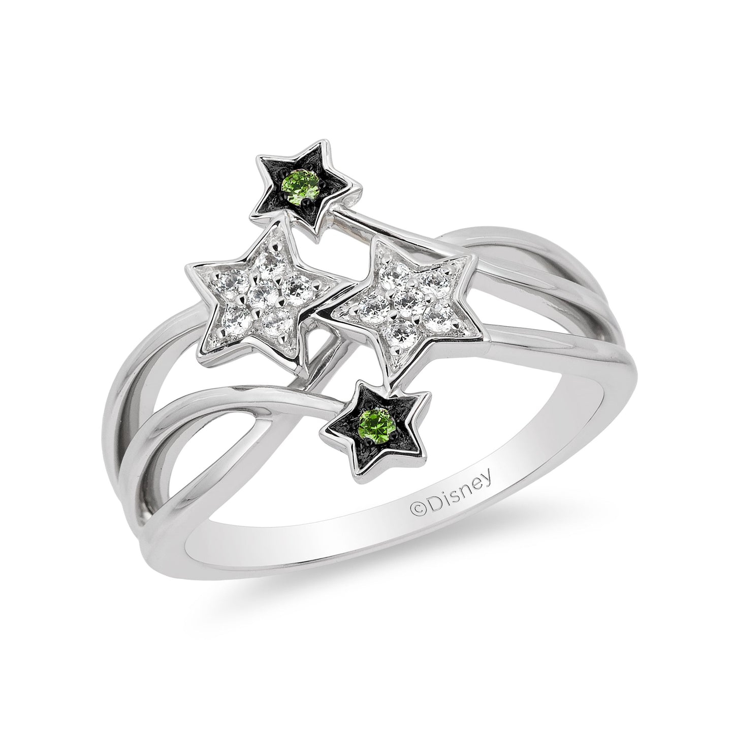 Enchanted Disney Fine Jewelry Sterling Silver 1/10 CTTW Diamond and Green Tourmaline Tinker Bell Star Ring