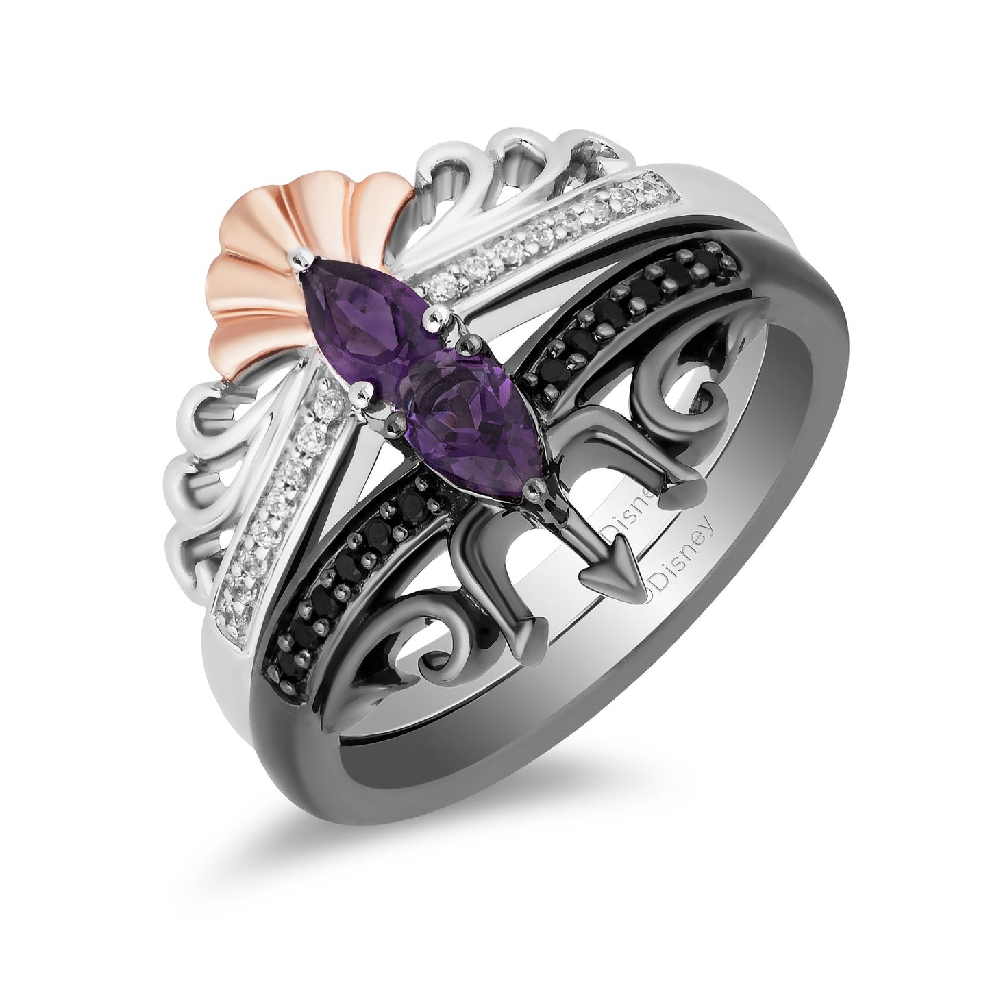 Enchanted Disney Fine Jewelry Black Rhodium and 14K Rose Gold over Sterling Silver With 1/6 CTTW Black and White Diamond and Pear Amethyst Ariel and Ursula Villains Duo Stack Ring
