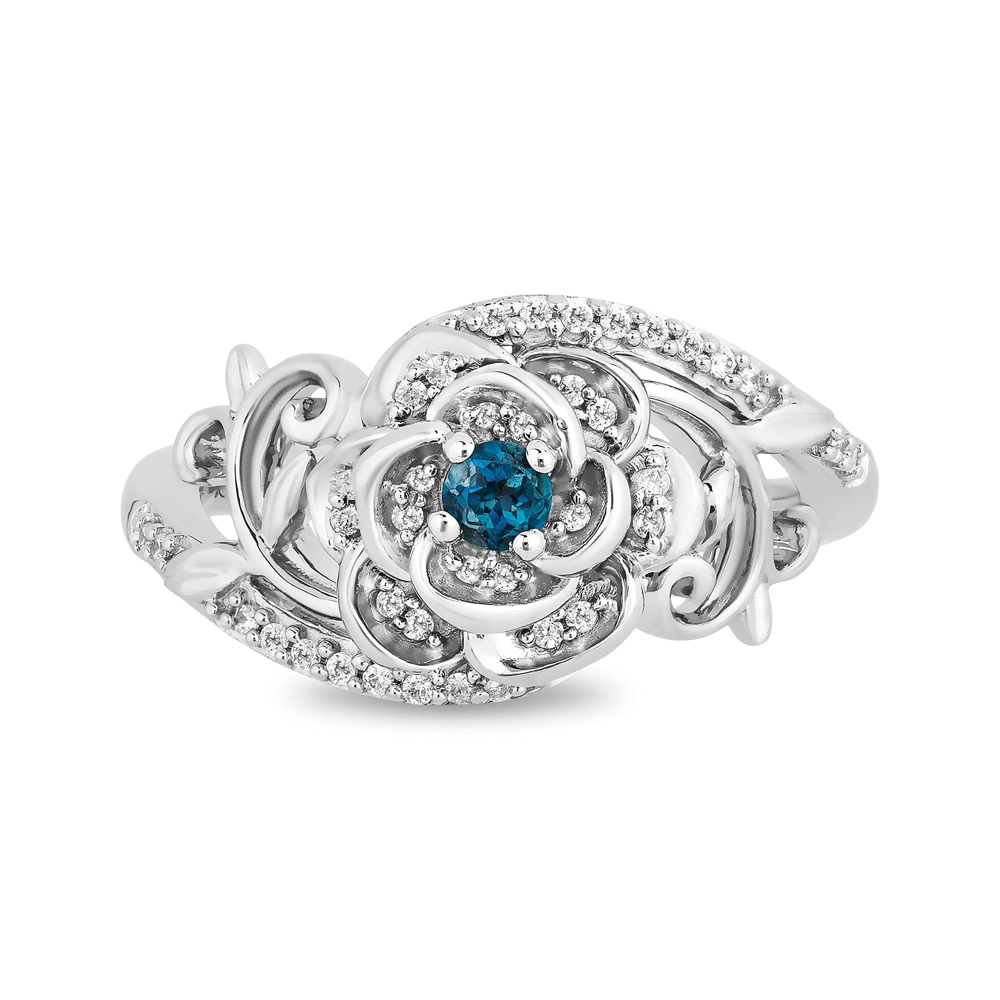 Disney Cinderella Inspired Diamond and London Blue Topaz Flower Ring in Sterling Silver 1/6 CTTW View 2
