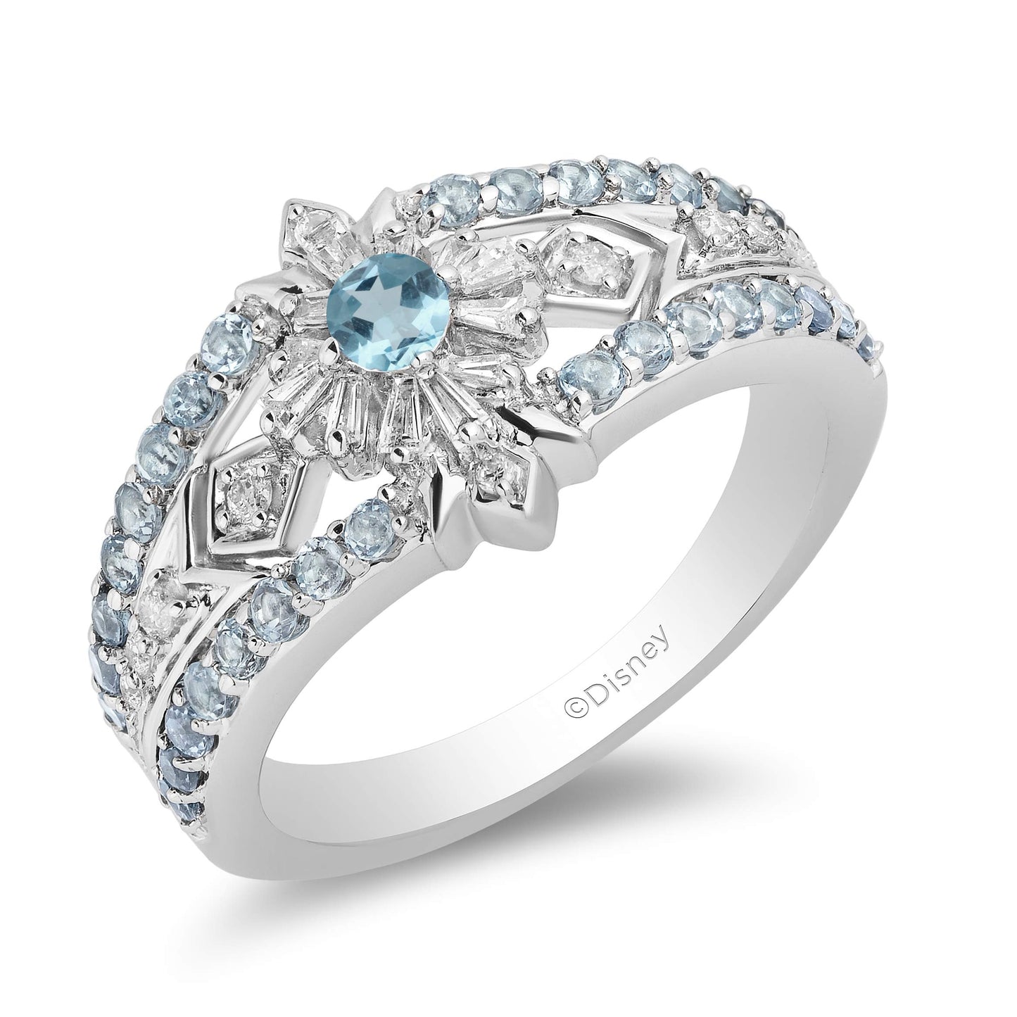 Enchanted Disney Fine Jewelry Sterling Silver with 1/4 CTTW Diamond and Blue Topaz Frozen 2 Elsa Fashion Ring