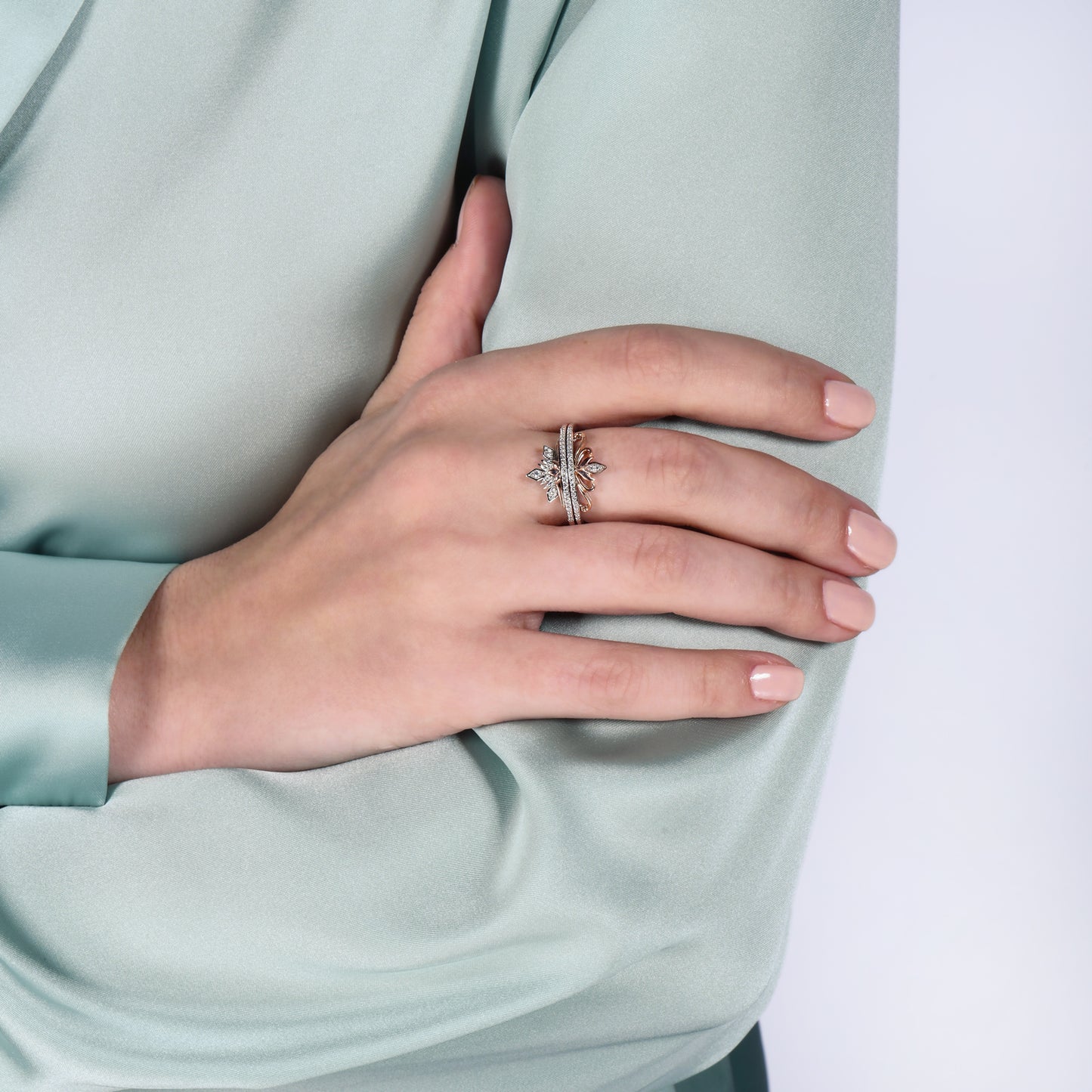 Enchanted Disney Fine Jewelry Sterling Silver and 10K Rose Gold With 1/6 CTTW Diamond Elsa and Anna Duo Stack Ring