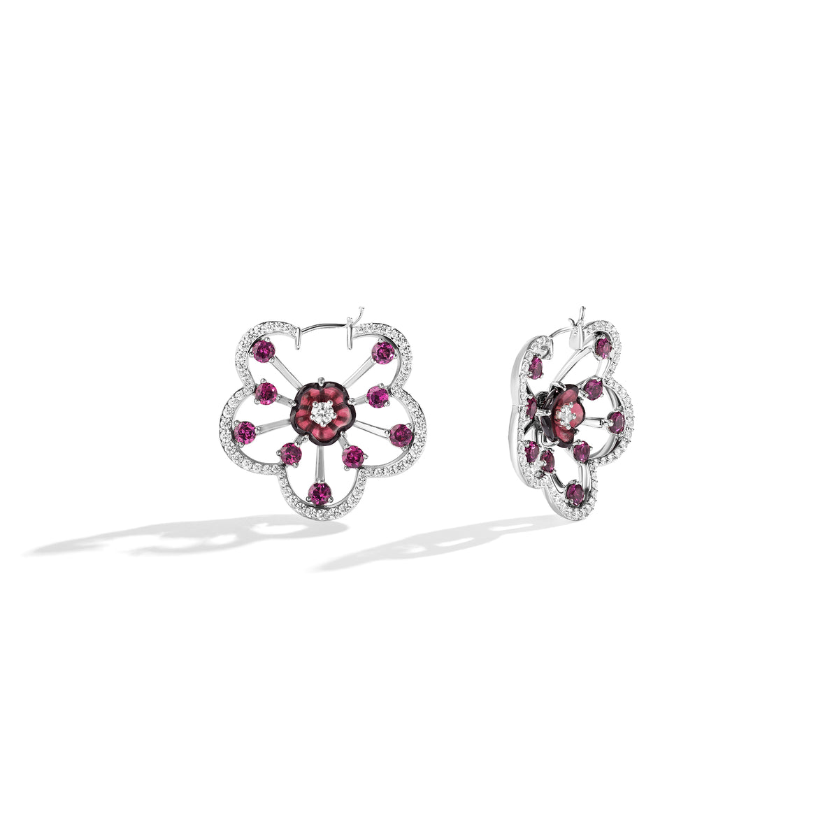 Garnet and Diamond Yellow Gold Flower Stud Earrings