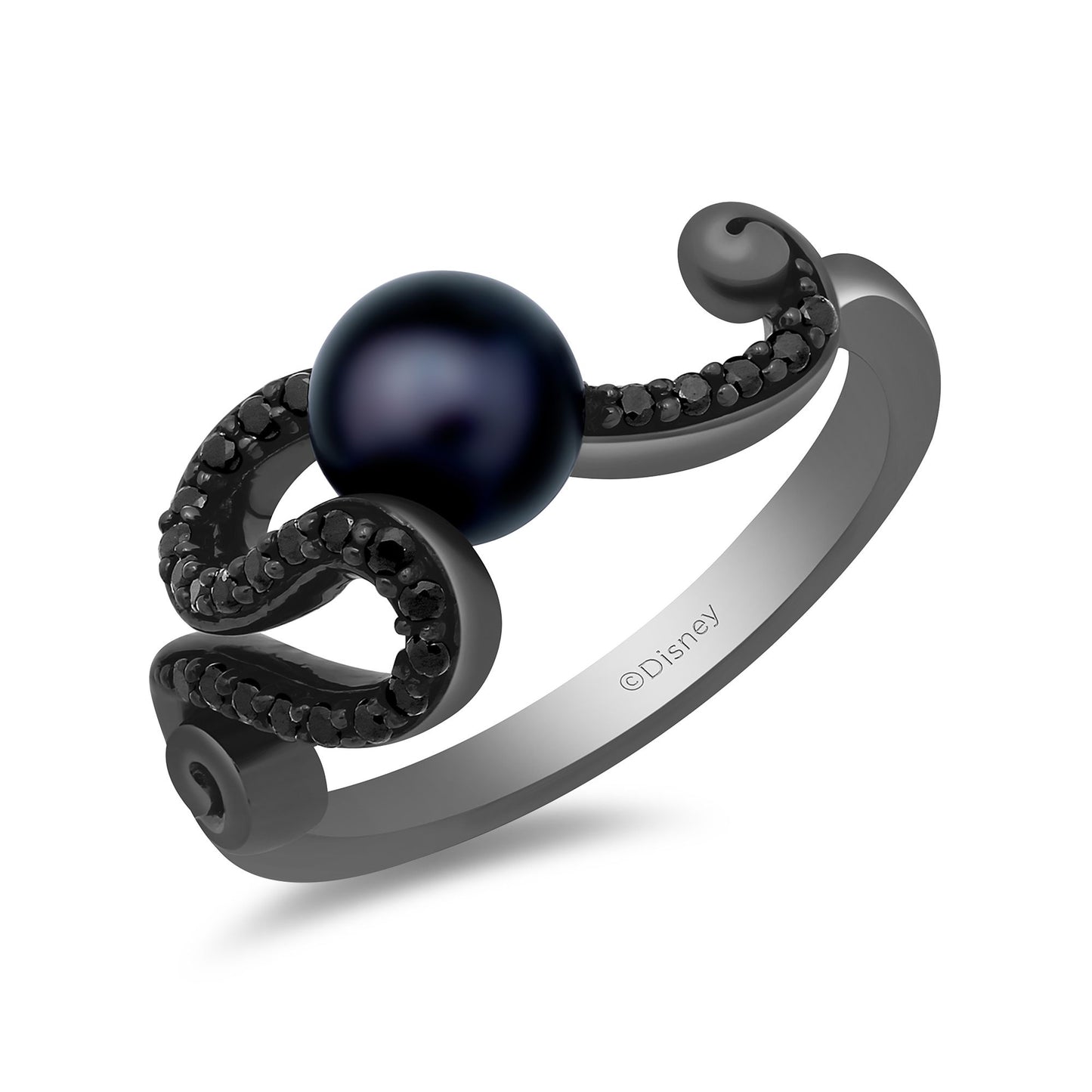 Enchanted Disney Fine Jewelry Black Rhodium over Sterling Silver with 1/5 CTTW Black Diamonds and Round Pearl Ursula Ring