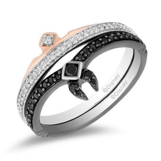 Enchanted Disney Fine Jewelry Black Rhodium over Sterling Silver and 10K Rose Gold 1/4 CTTW Black Diamond and White Diamond Aurora Duo Set Ring